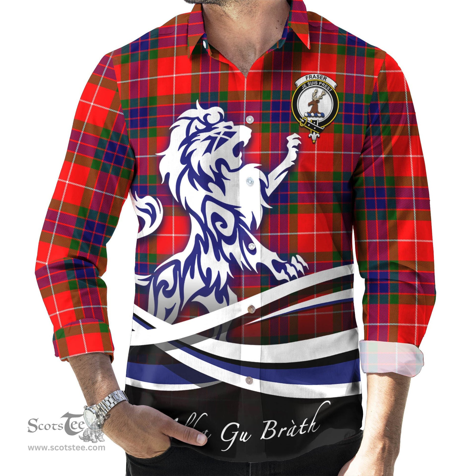 ScotsTee Shop Scottish Fraser Modern Clan Crest Tartan Alba Gu Brath Regal Lion Emblem Long Sleeve Shirt
