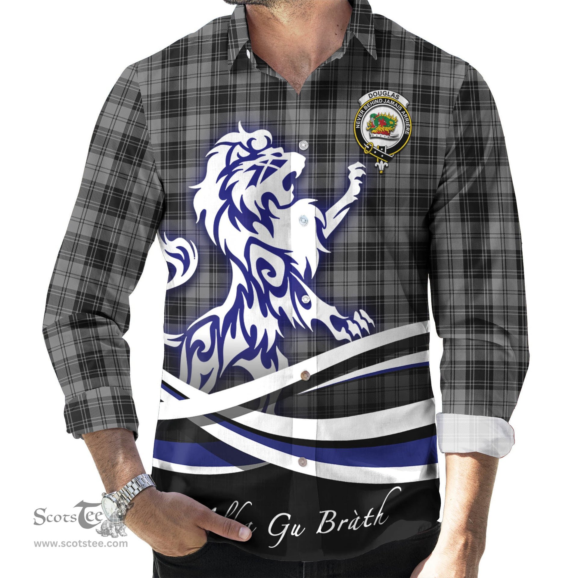 ScotsTee Shop Scottish Douglas Grey Clan Crest Tartan Alba Gu Brath Regal Lion Emblem Long Sleeve Shirt