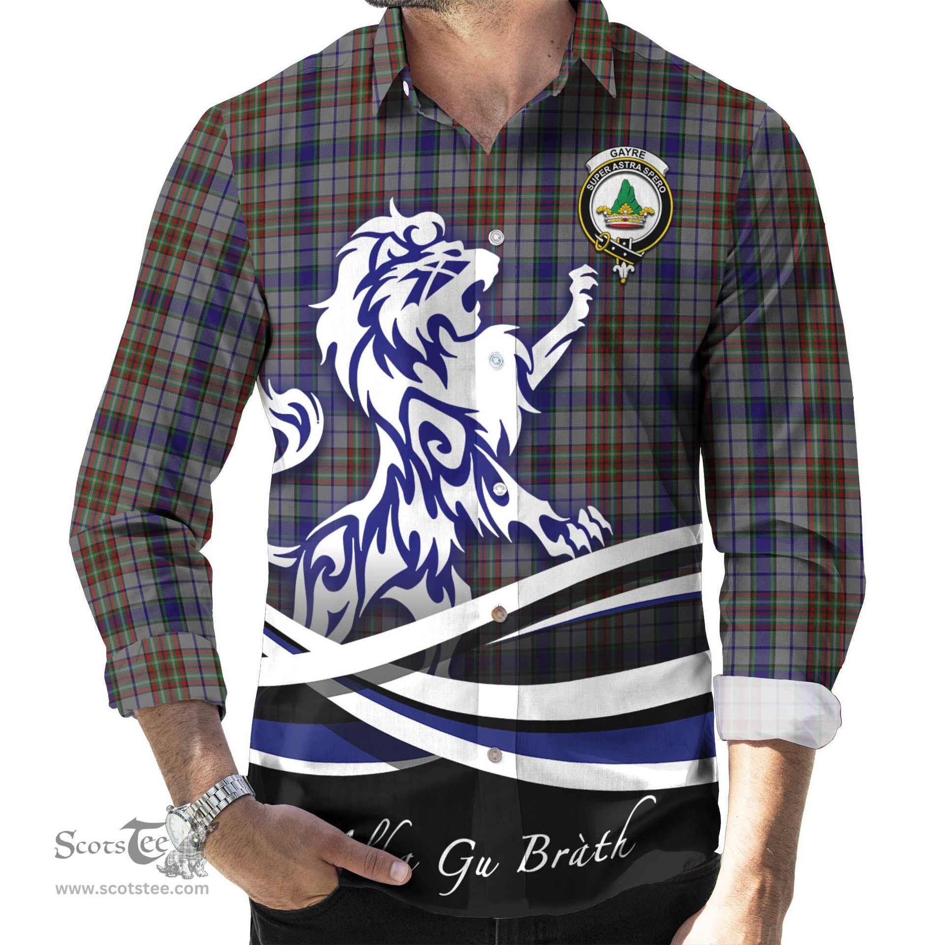 ScotsTee Shop Scottish Gayre Hunting Clan Crest Tartan Alba Gu Brath Regal Lion Emblem Long Sleeve Shirt