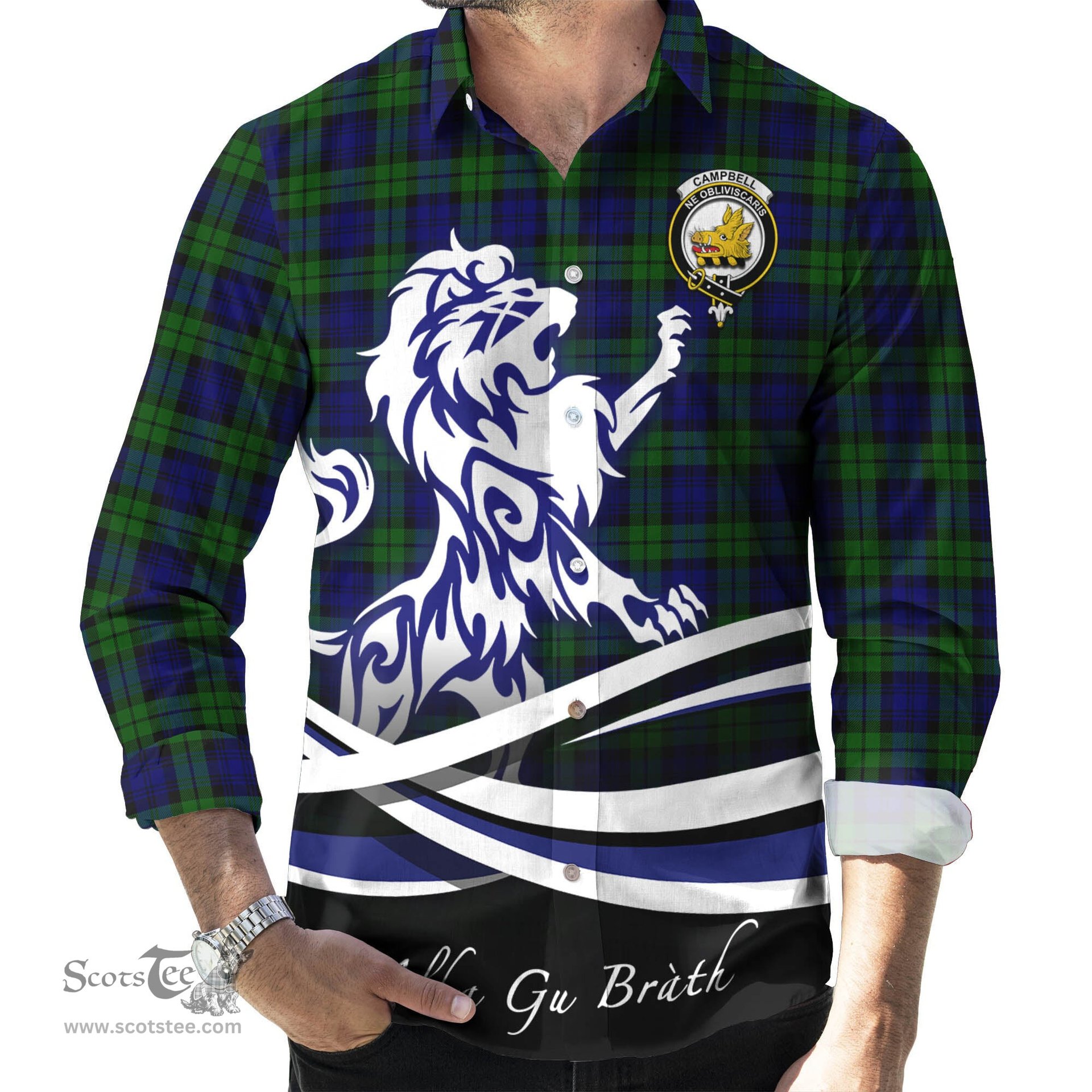 ScotsTee Shop Scottish Campbell Modern Clan Crest Tartan Alba Gu Brath Regal Lion Emblem Long Sleeve Shirt