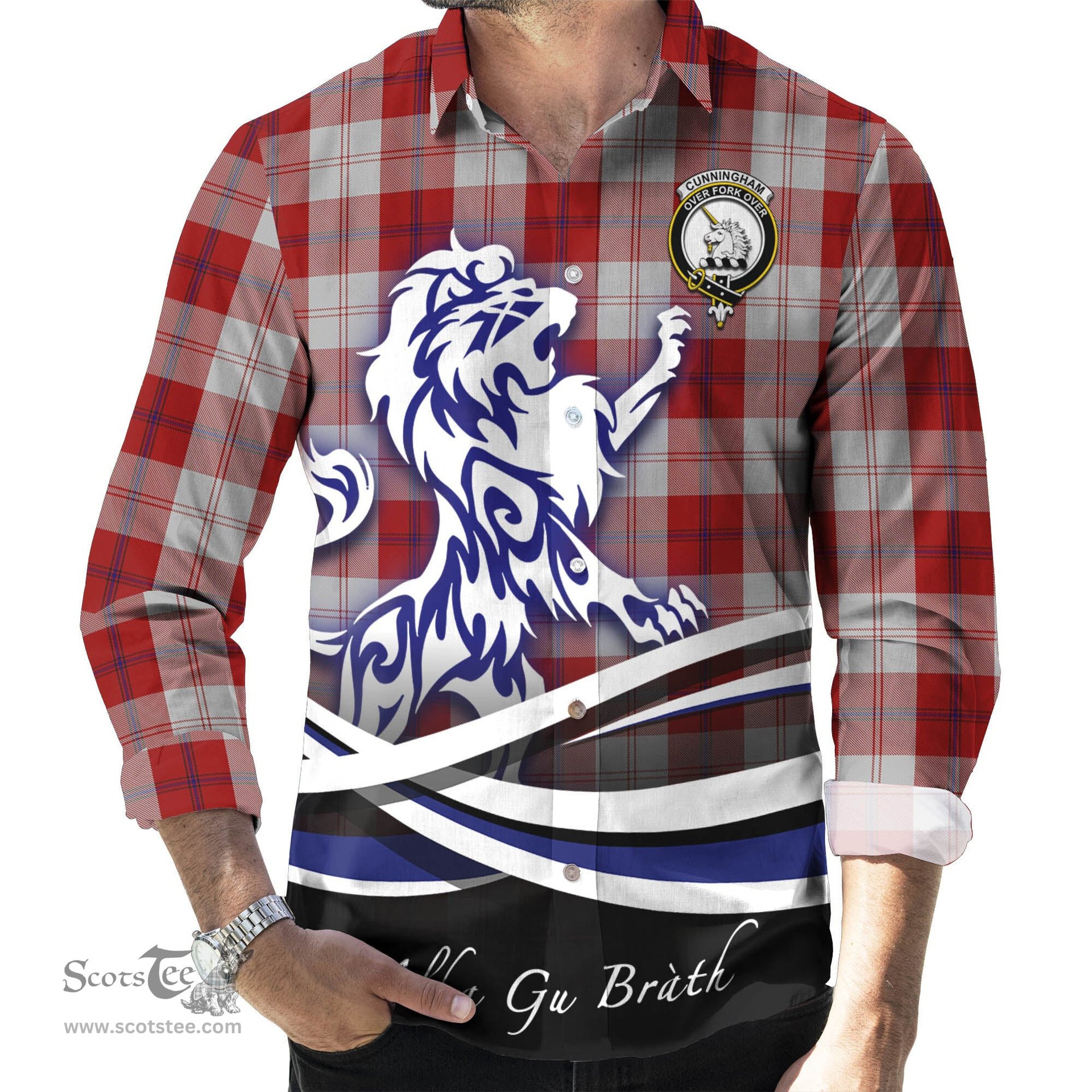 ScotsTee Shop Scottish Cunningham Dress Clan Crest Tartan Alba Gu Brath Regal Lion Emblem Long Sleeve Shirt