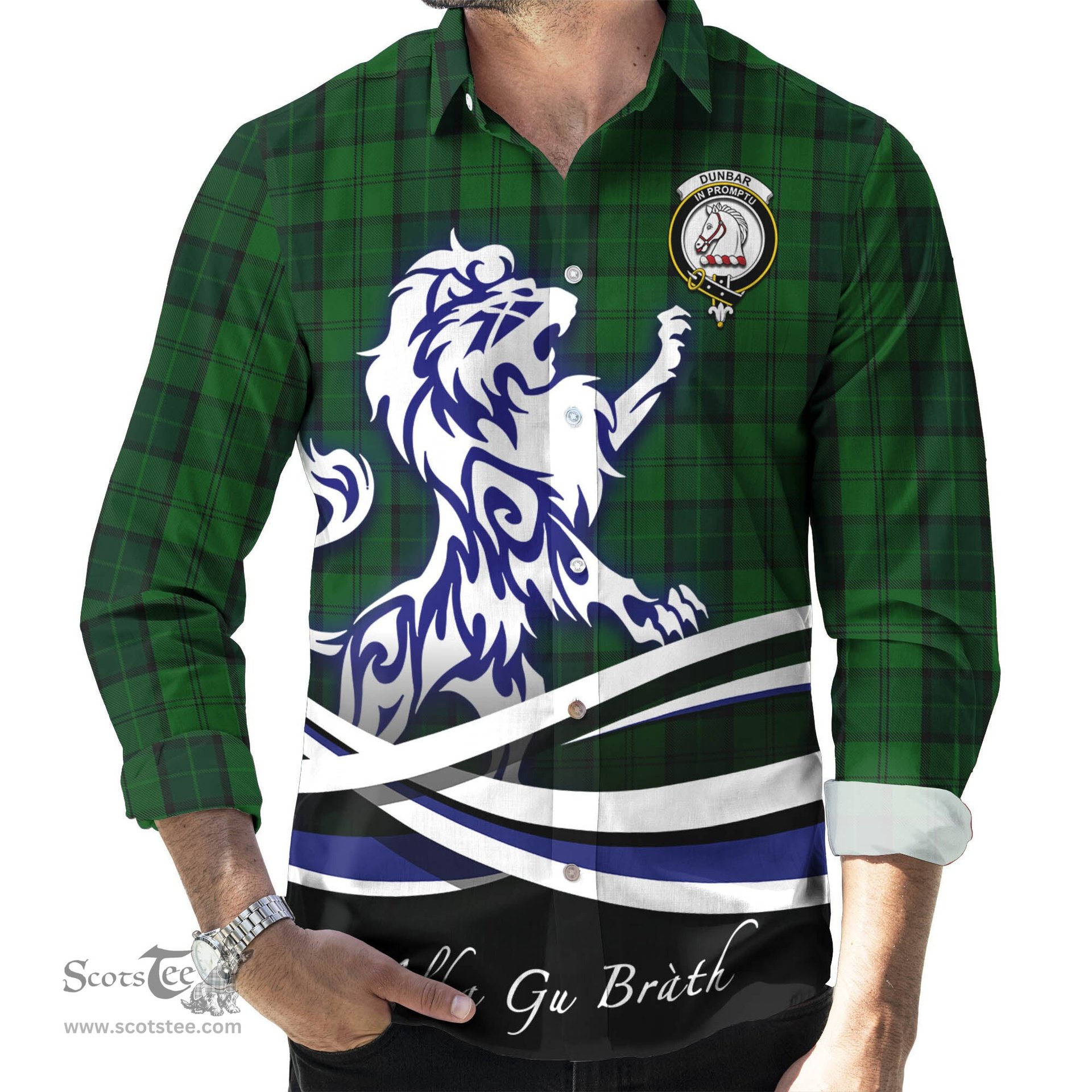 ScotsTee Shop Scottish Dunbar Hunting Clan Crest Tartan Alba Gu Brath Regal Lion Emblem Long Sleeve Shirt