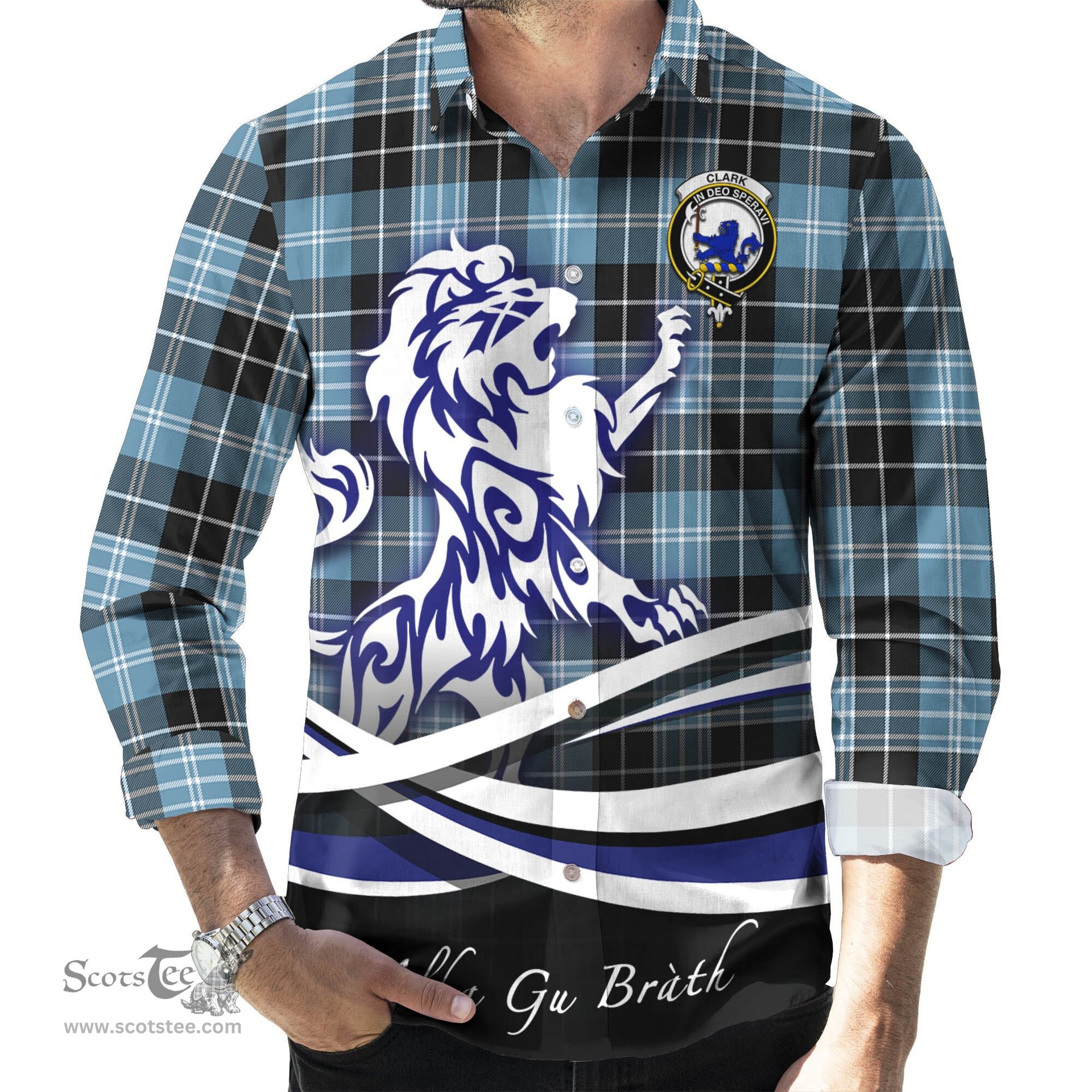 ScotsTee Shop Scottish Clark (Lion) Ancient Clan Crest Tartan Alba Gu Brath Regal Lion Emblem Long Sleeve Shirt
