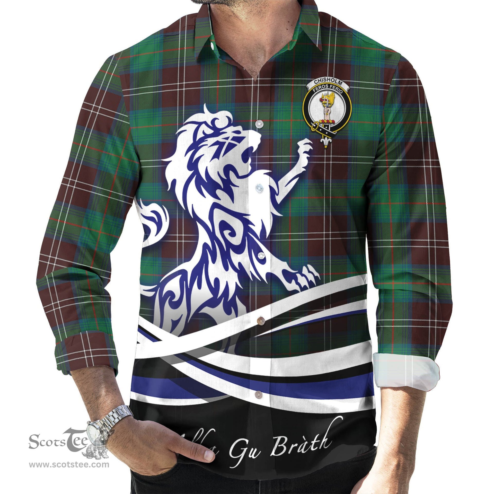 ScotsTee Shop Scottish Chisholm Hunting Ancient Clan Crest Tartan Alba Gu Brath Regal Lion Emblem Long Sleeve Shirt