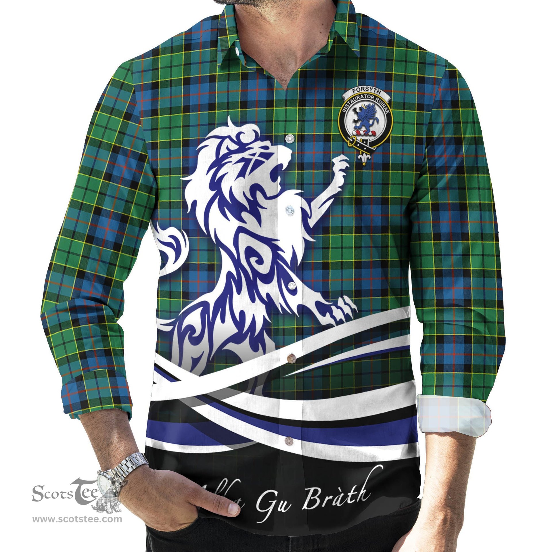 ScotsTee Shop Scottish Forsyth Ancient Clan Crest Tartan Alba Gu Brath Regal Lion Emblem Long Sleeve Shirt