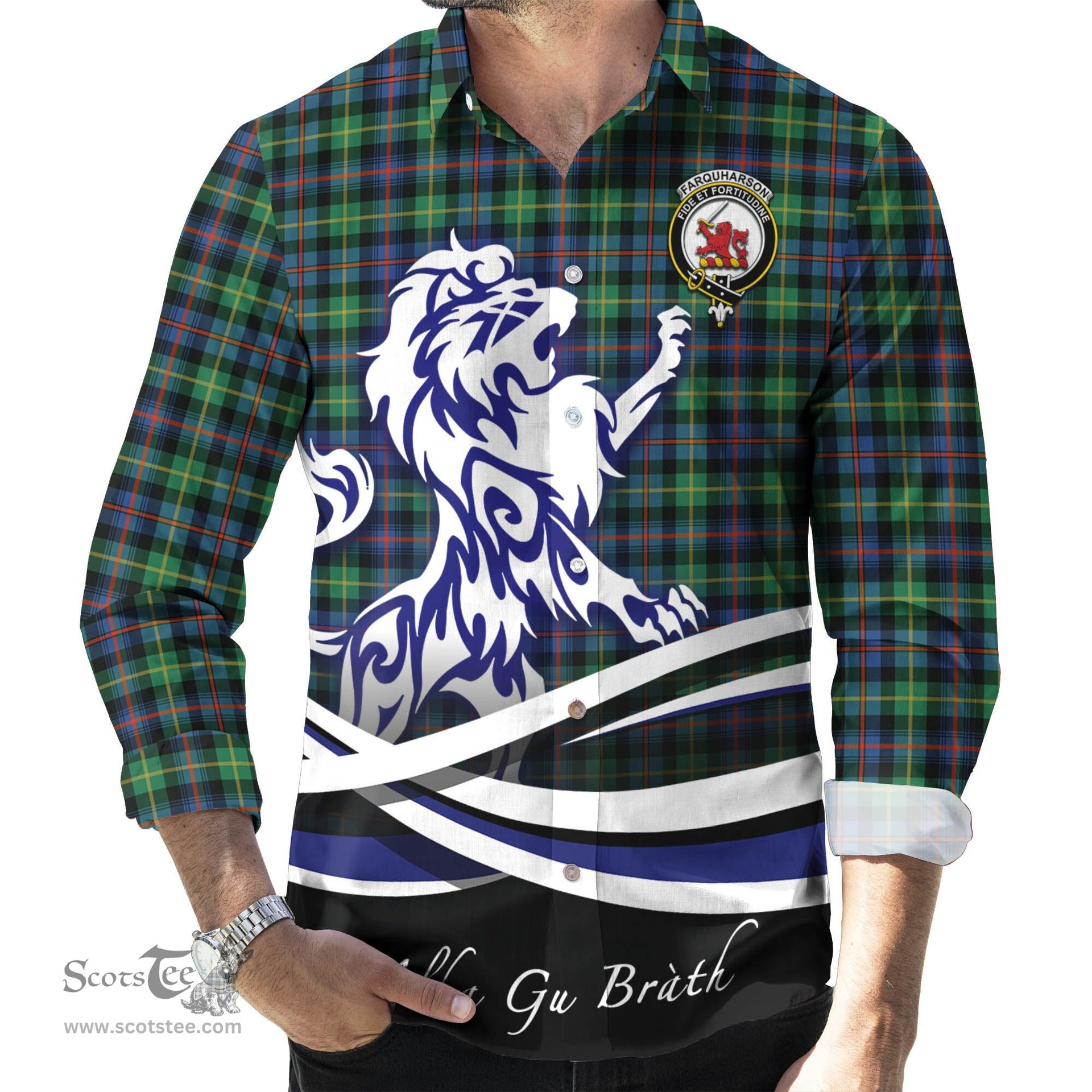 ScotsTee Shop Scottish Farquharson Ancient Clan Crest Tartan Alba Gu Brath Regal Lion Emblem Long Sleeve Shirt