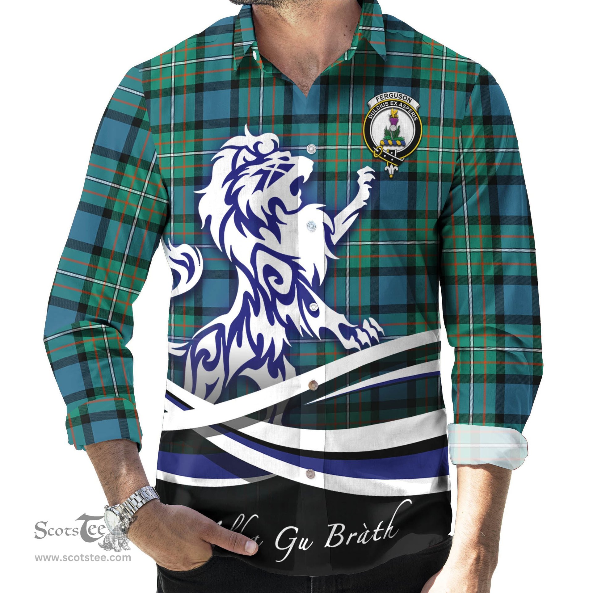 ScotsTee Shop Scottish Ferguson Ancient Clan Crest Tartan Alba Gu Brath Regal Lion Emblem Long Sleeve Shirt