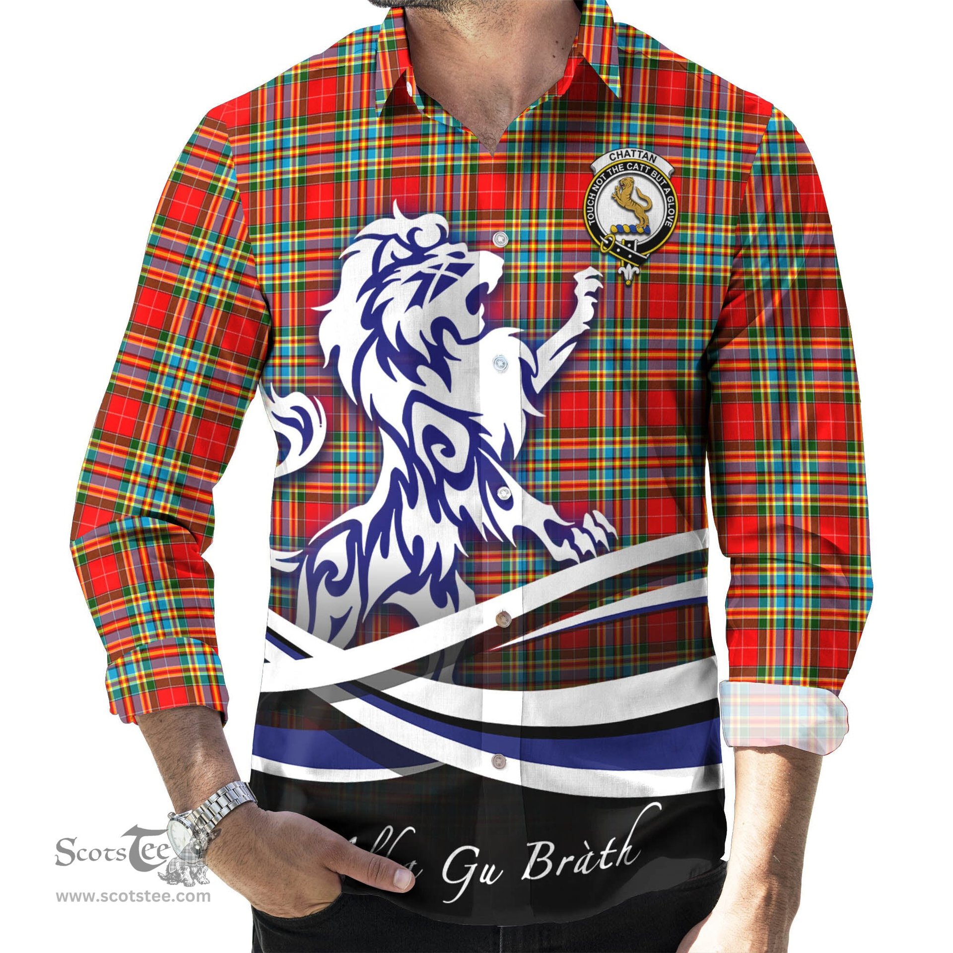ScotsTee Shop Scottish Chattan Clan Crest Tartan Alba Gu Brath Regal Lion Emblem Long Sleeve Shirt