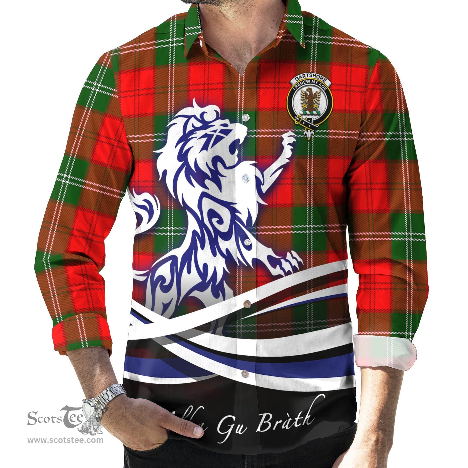 ScotsTee Shop Scottish Gartshore Clan Crest Tartan Alba Gu Brath Regal Lion Emblem Long Sleeve Shirt