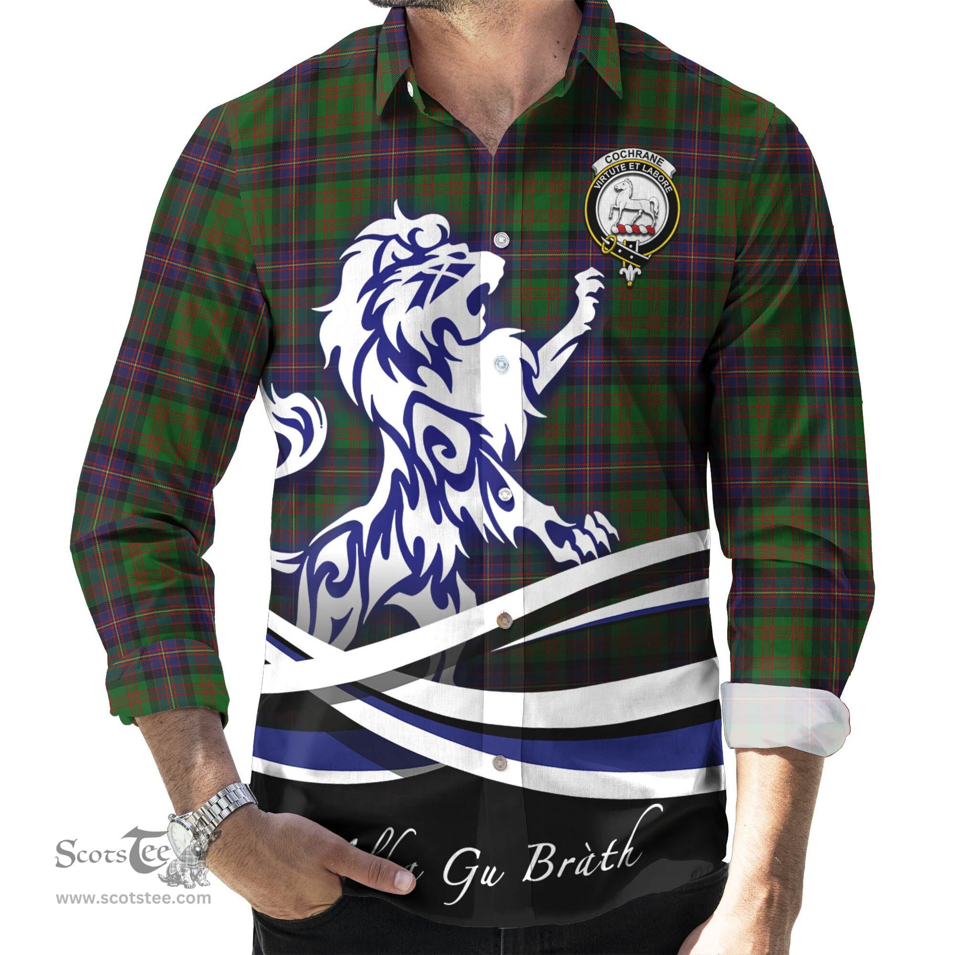 ScotsTee Shop Scottish Cochrane Clan Crest Tartan Alba Gu Brath Regal Lion Emblem Long Sleeve Shirt