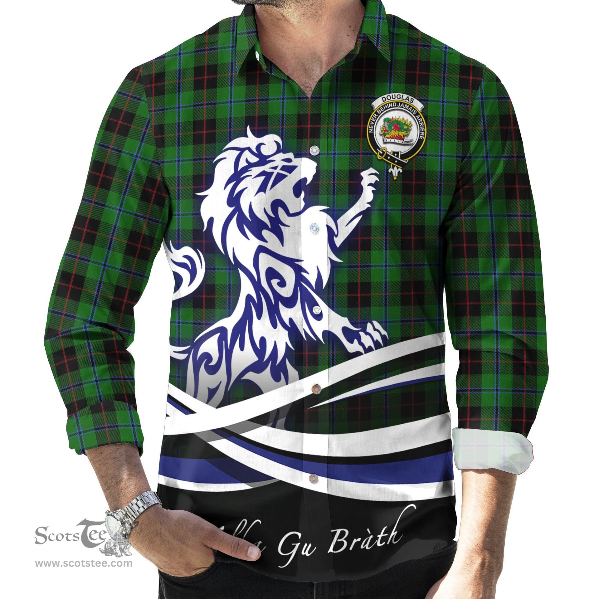 ScotsTee Shop Scottish Douglas Black Clan Crest Tartan Alba Gu Brath Regal Lion Emblem Long Sleeve Shirt
