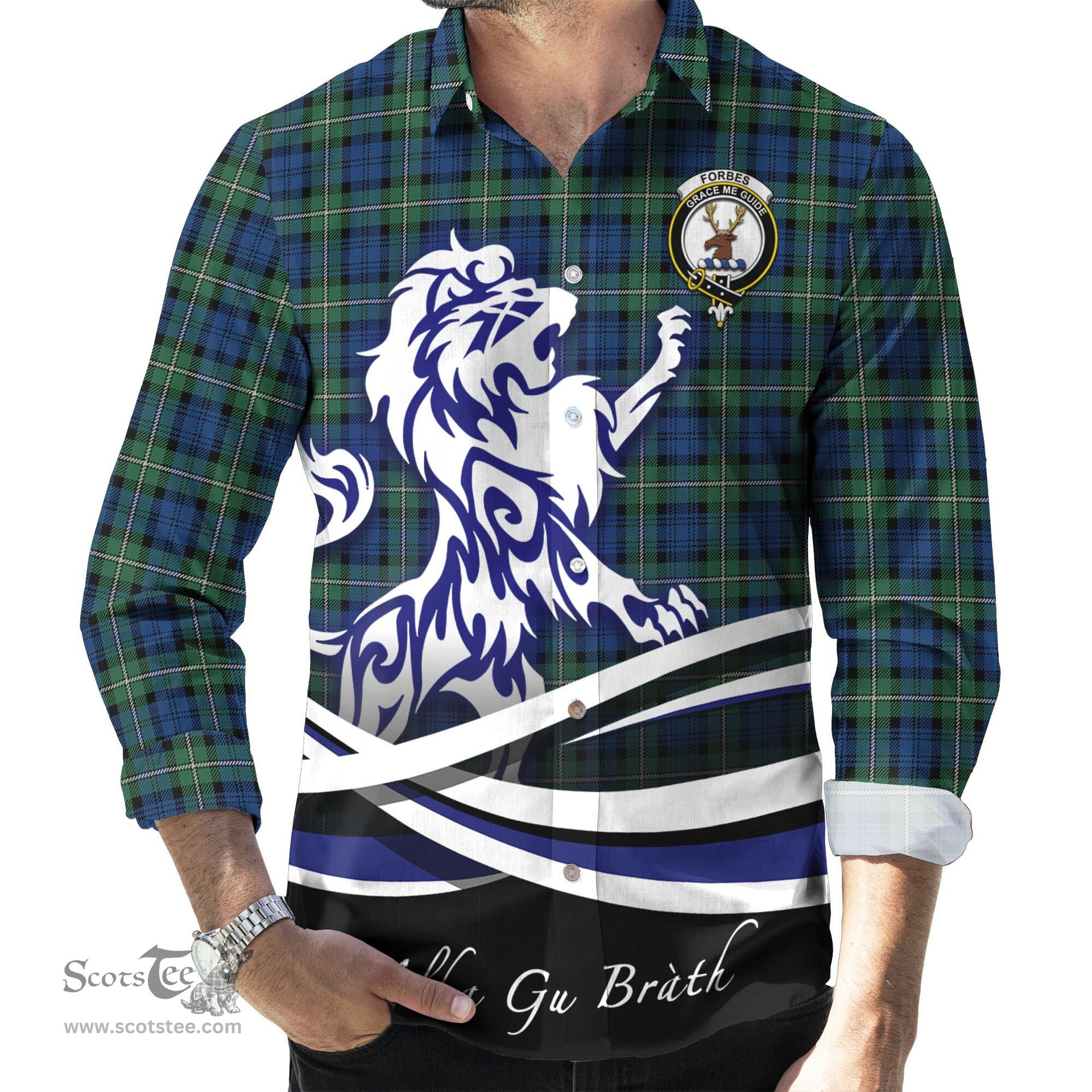 ScotsTee Shop Scottish Forbes Ancient Clan Crest Tartan Alba Gu Brath Regal Lion Emblem Long Sleeve Shirt