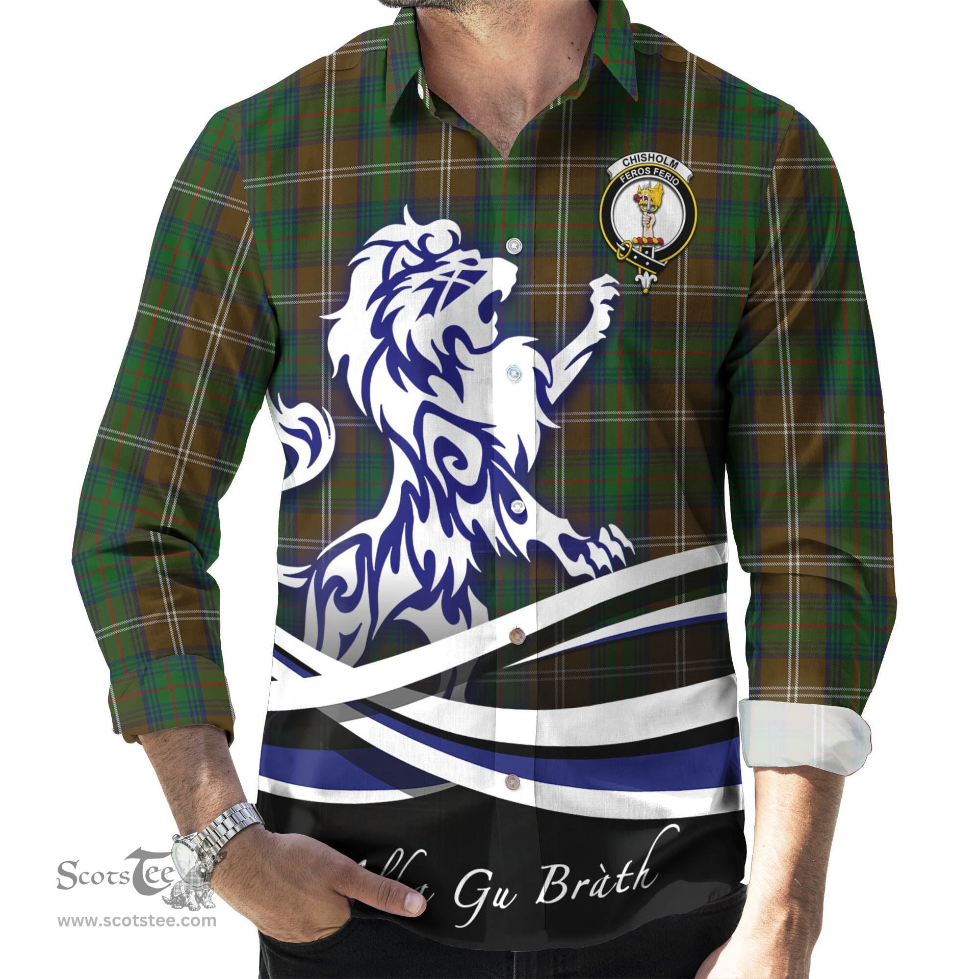 ScotsTee Shop Scottish Chisholm Hunting Clan Crest Tartan Alba Gu Brath Regal Lion Emblem Long Sleeve Shirt