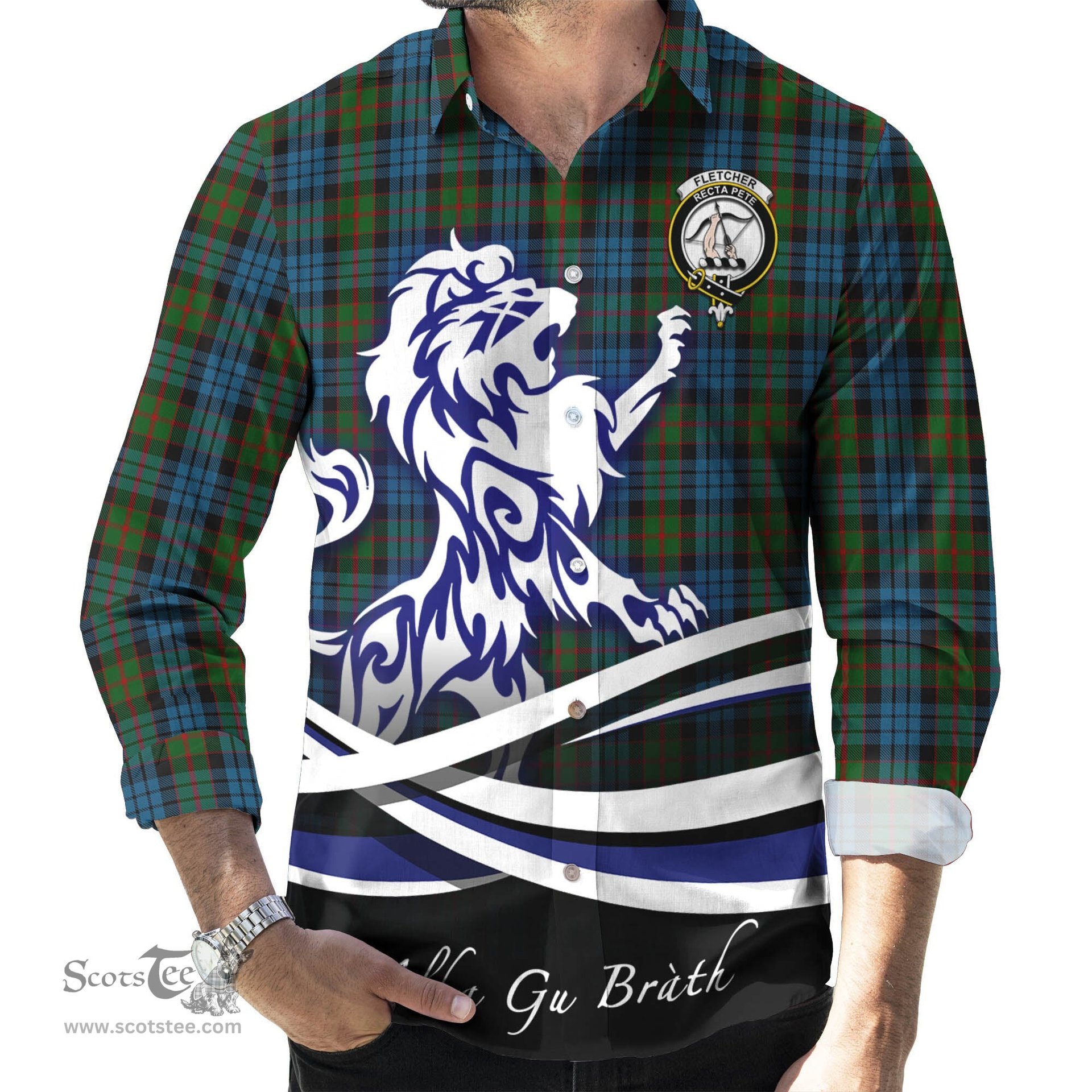 ScotsTee Shop Scottish Fletcher of Dunans Clan Crest Tartan Alba Gu Brath Regal Lion Emblem Long Sleeve Shirt