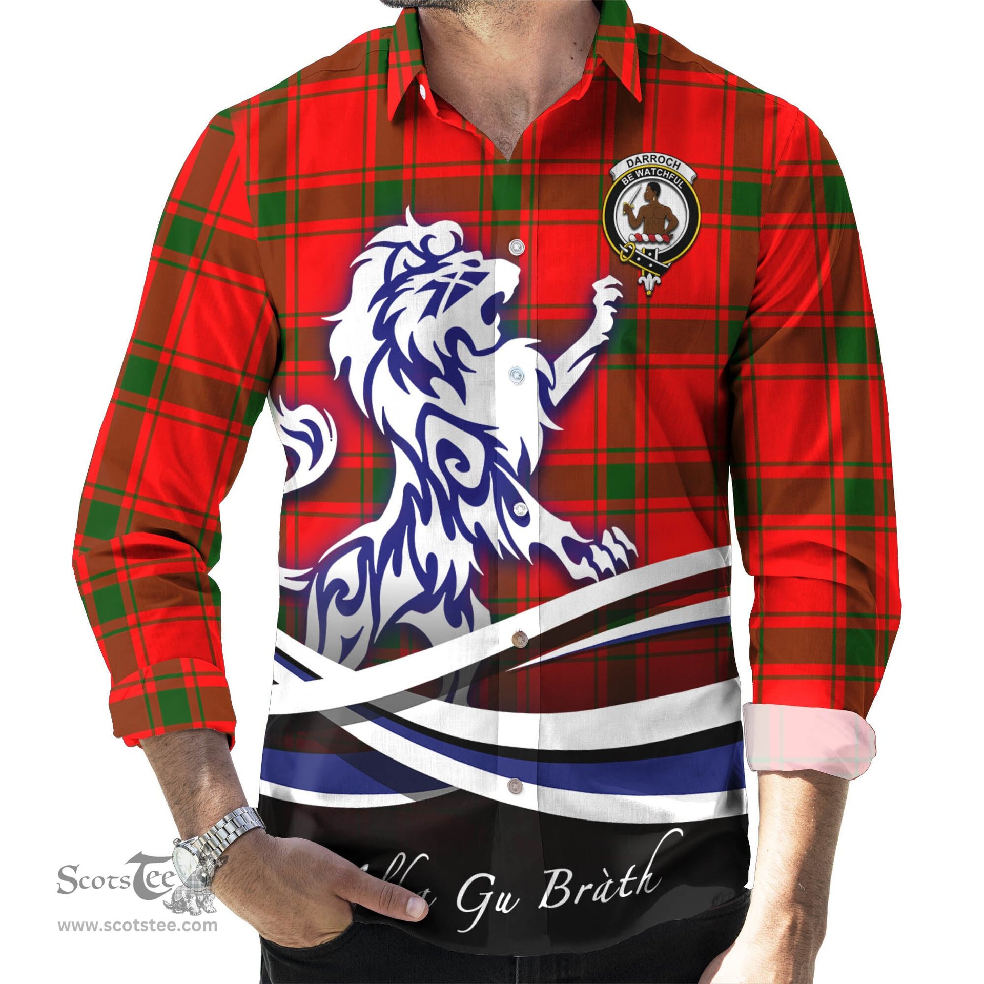 ScotsTee Shop Scottish Darroch Clan Crest Tartan Alba Gu Brath Regal Lion Emblem Long Sleeve Shirt