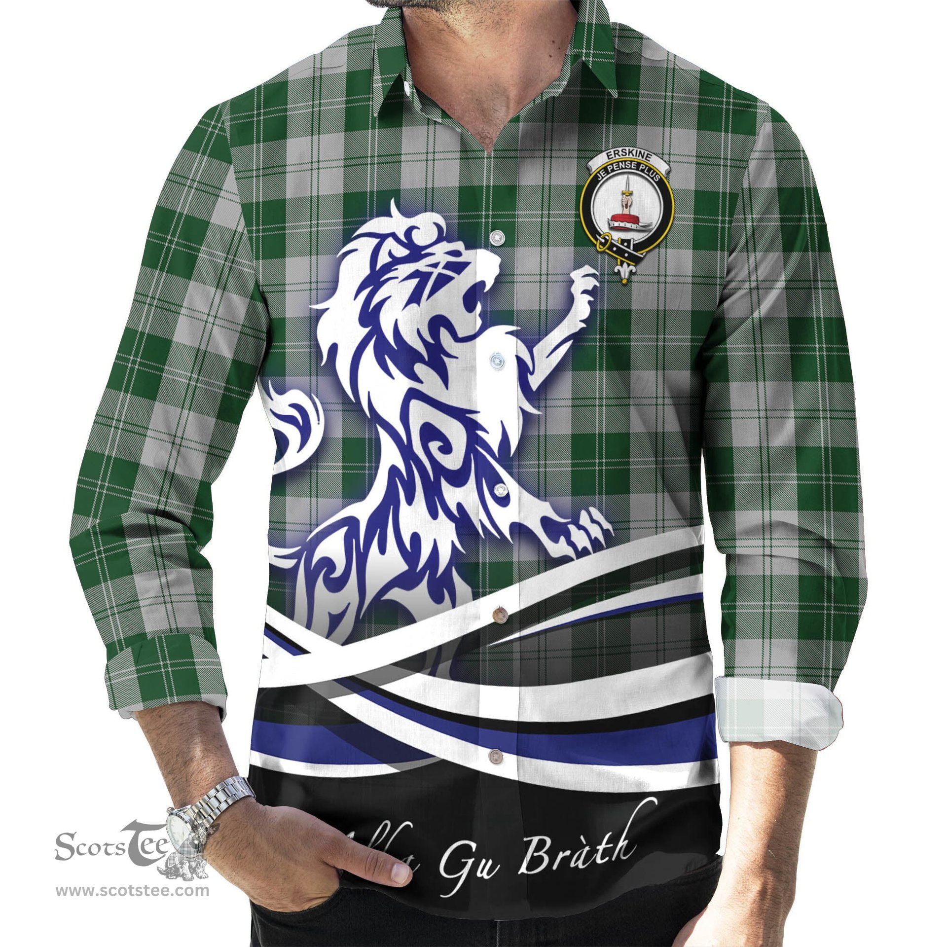 ScotsTee Shop Scottish Erskine Green Clan Crest Tartan Alba Gu Brath Regal Lion Emblem Long Sleeve Shirt