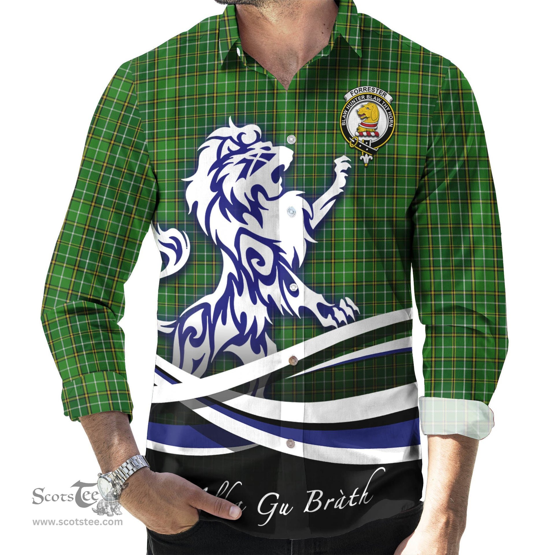 ScotsTee Shop Scottish Forrester or Foster Hunting Clan Crest Tartan Alba Gu Brath Regal Lion Emblem Long Sleeve Shirt