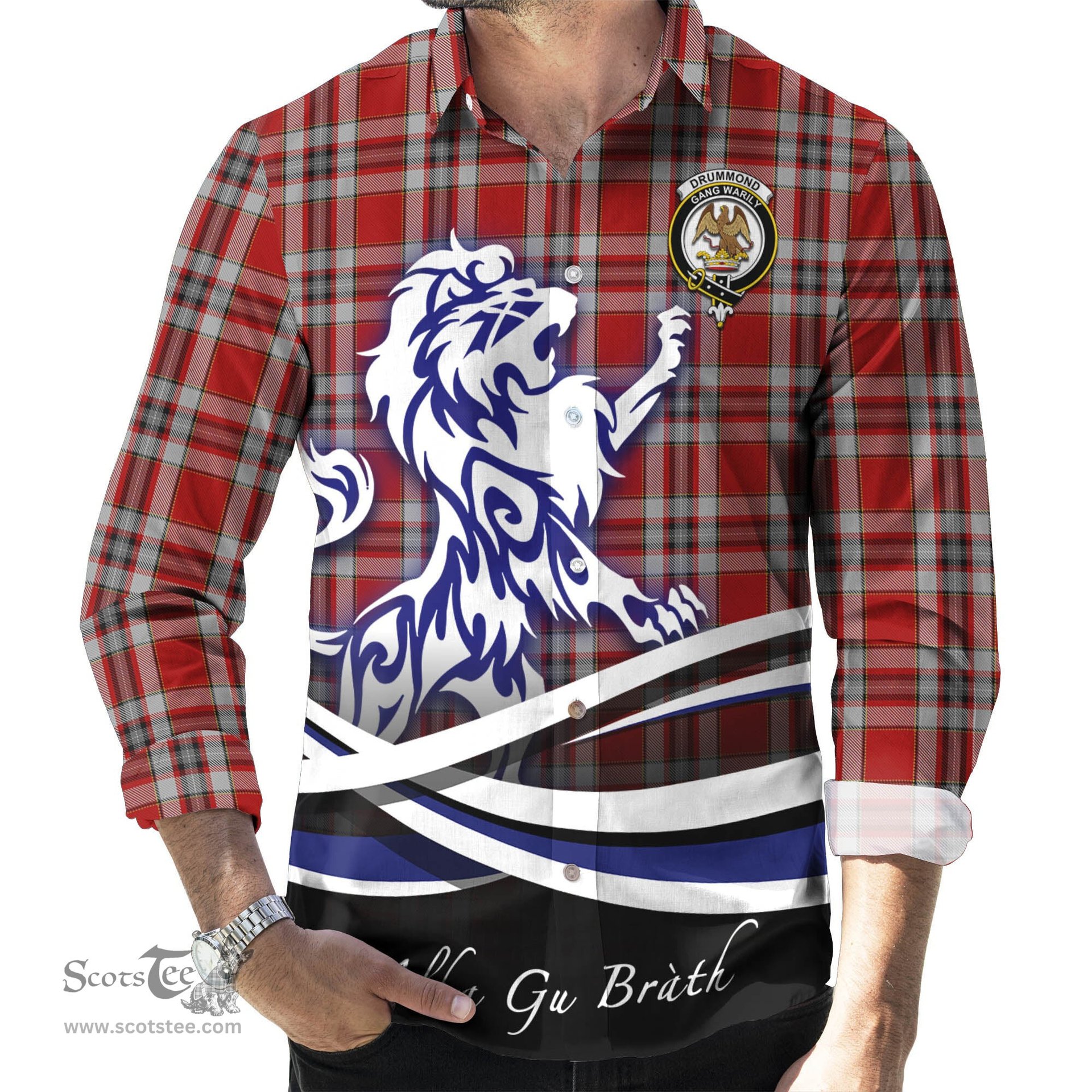 ScotsTee Shop Scottish Drummond of Perth Dress Clan Crest Tartan Alba Gu Brath Regal Lion Emblem Long Sleeve Shirt