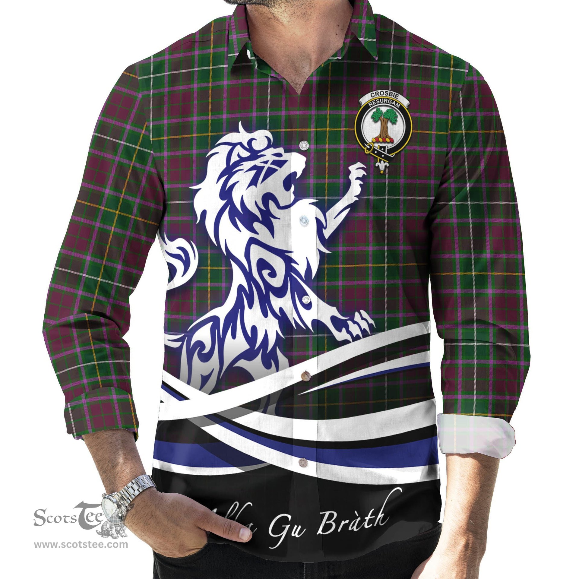 ScotsTee Shop Scottish Crosbie Clan Crest Tartan Alba Gu Brath Regal Lion Emblem Long Sleeve Shirt