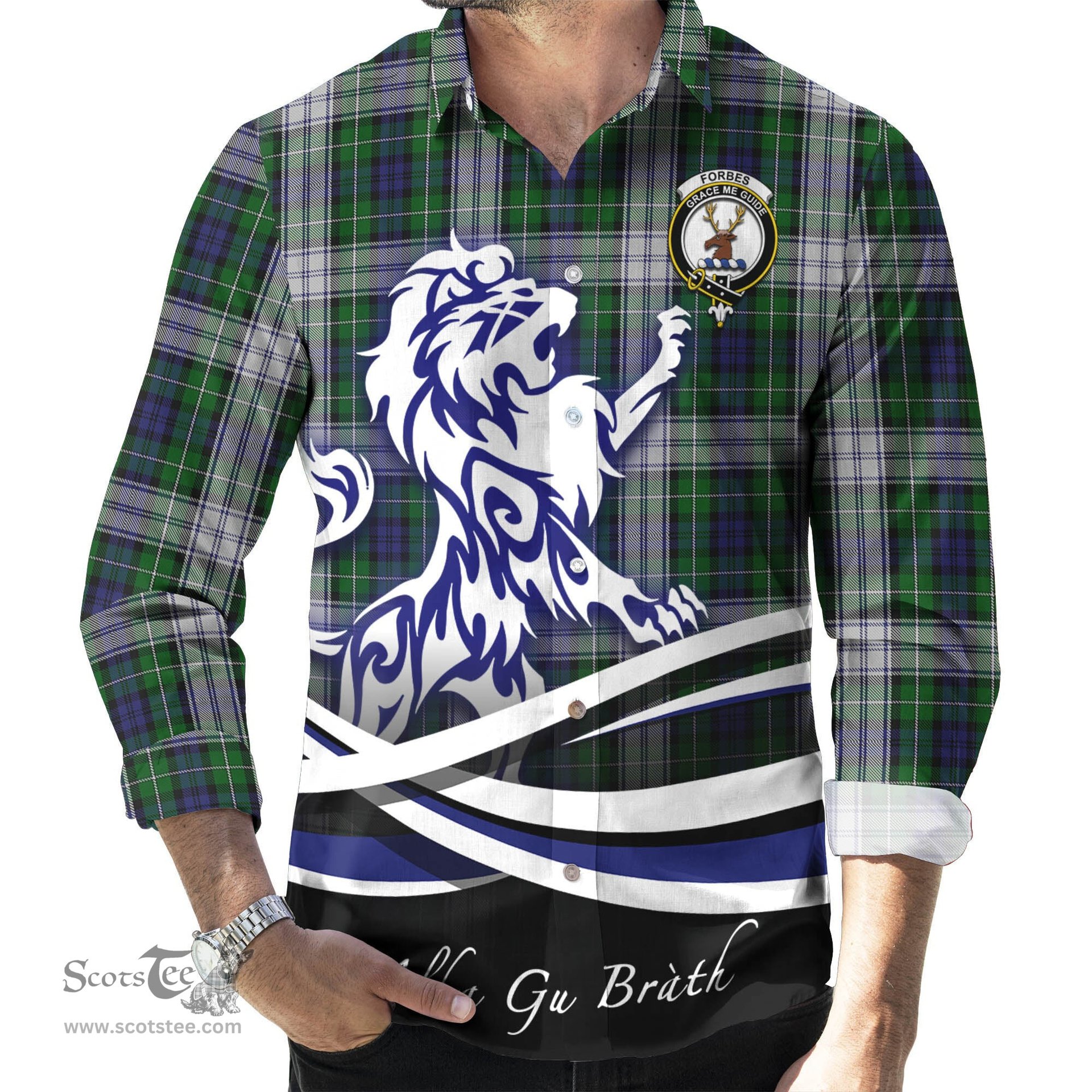 ScotsTee Shop Scottish Forbes Dress Clan Crest Tartan Alba Gu Brath Regal Lion Emblem Long Sleeve Shirt
