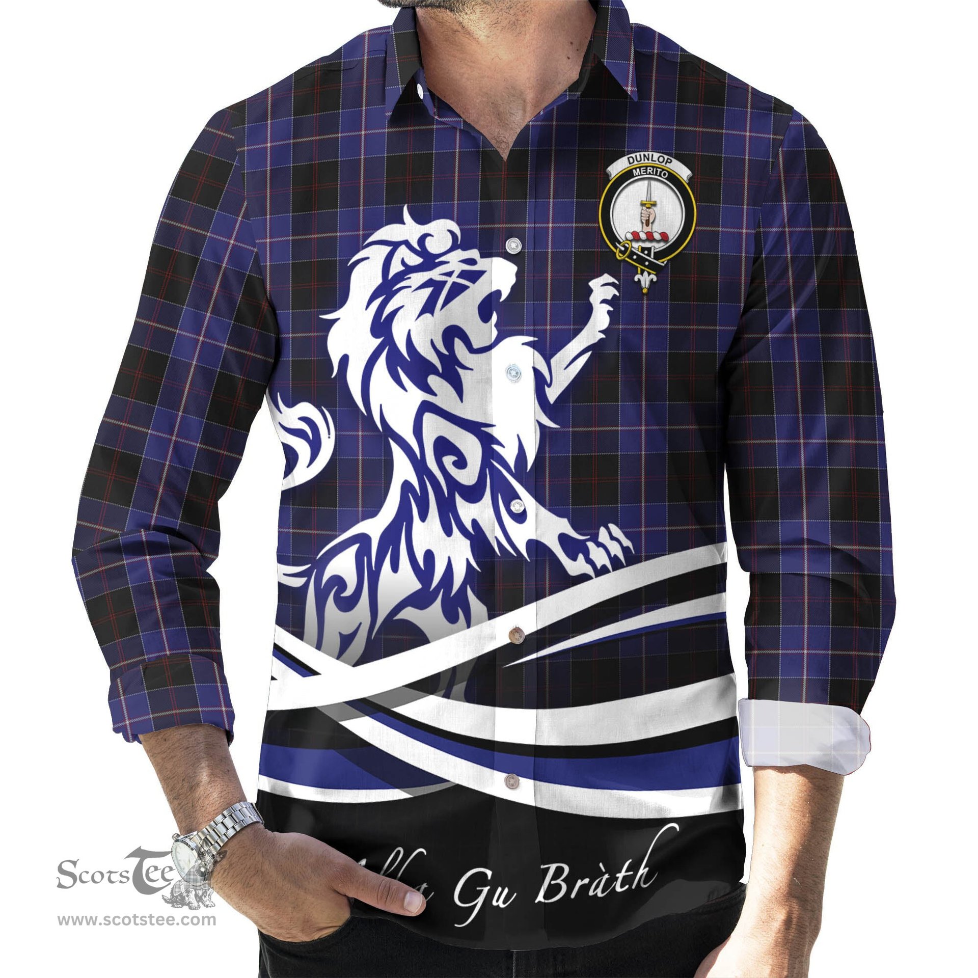 ScotsTee Shop Scottish Dunlop Clan Crest Tartan Alba Gu Brath Regal Lion Emblem Long Sleeve Shirt