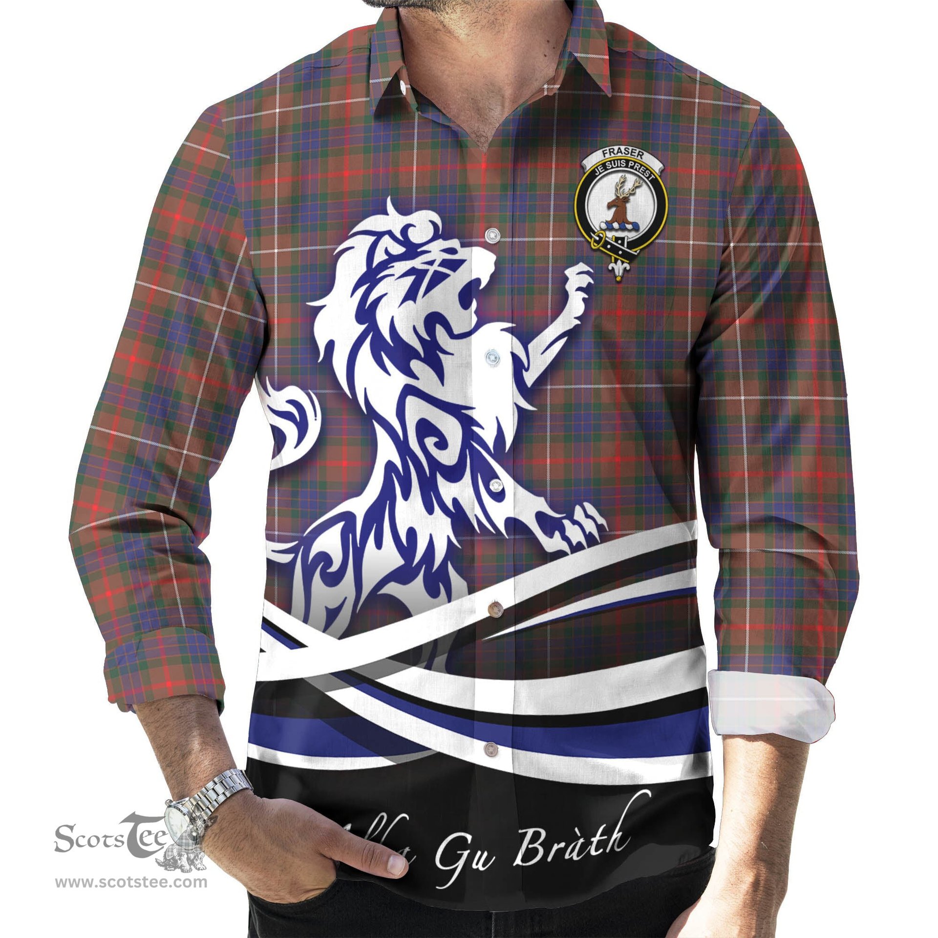 ScotsTee Shop Scottish Fraser Hunting Modern Clan Crest Tartan Alba Gu Brath Regal Lion Emblem Long Sleeve Shirt