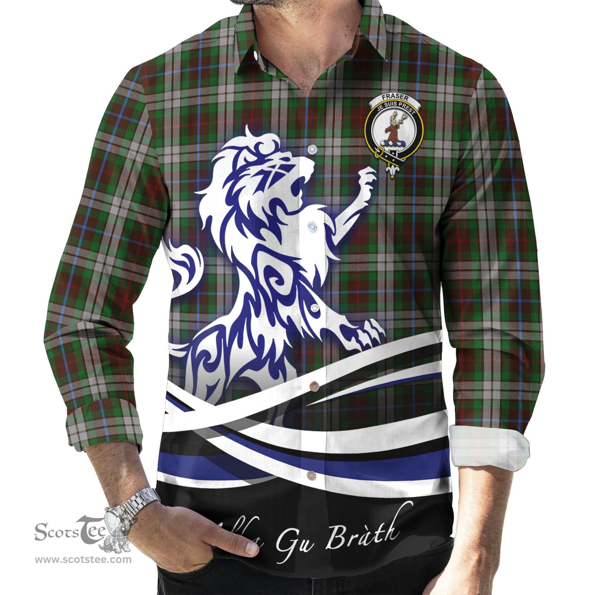 ScotsTee Shop Scottish Fraser Hunting Dress Clan Crest Tartan Alba Gu Brath Regal Lion Emblem Long Sleeve Shirt