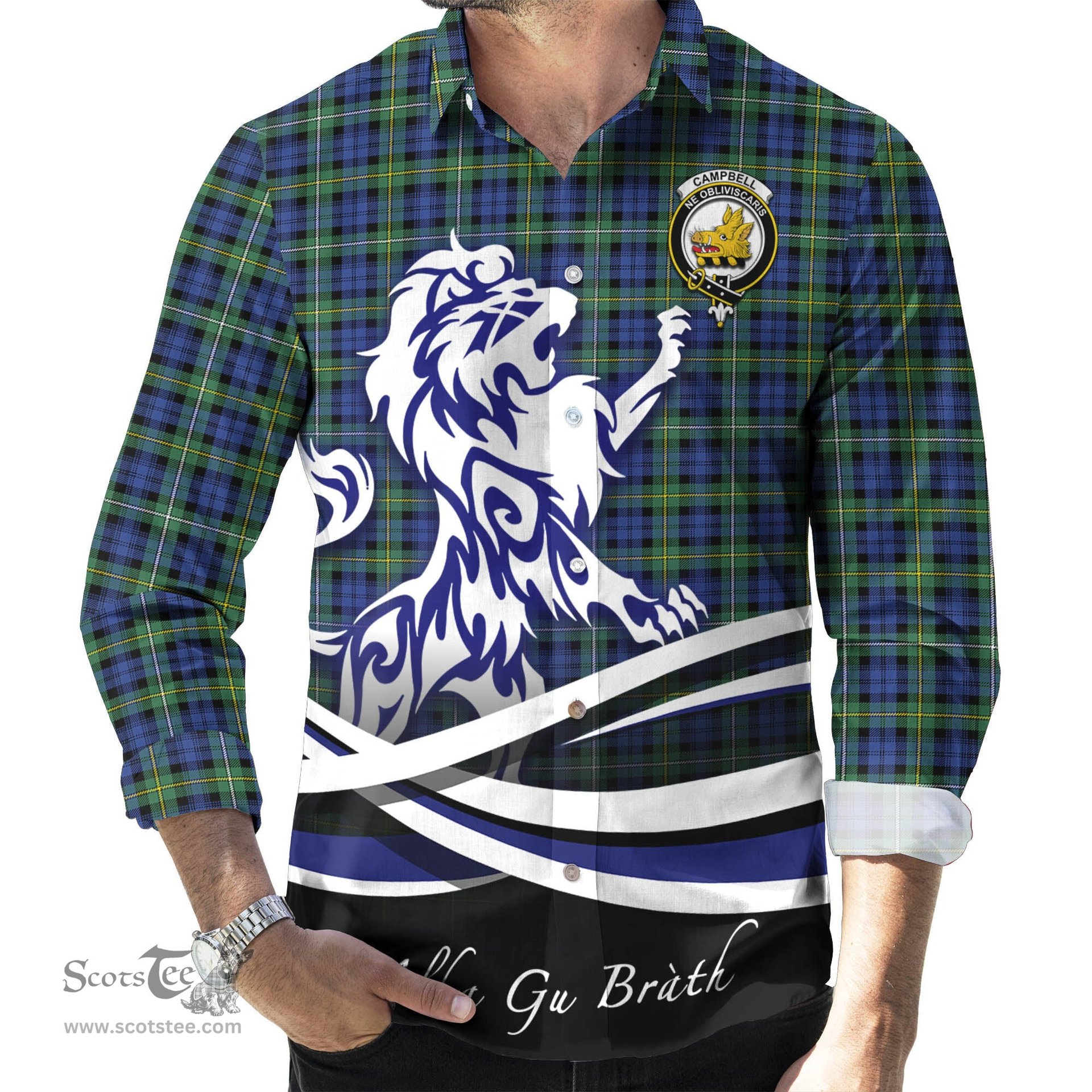 ScotsTee Shop Scottish Campbell Argyll Ancient Clan Crest Tartan Alba Gu Brath Regal Lion Emblem Long Sleeve Shirt