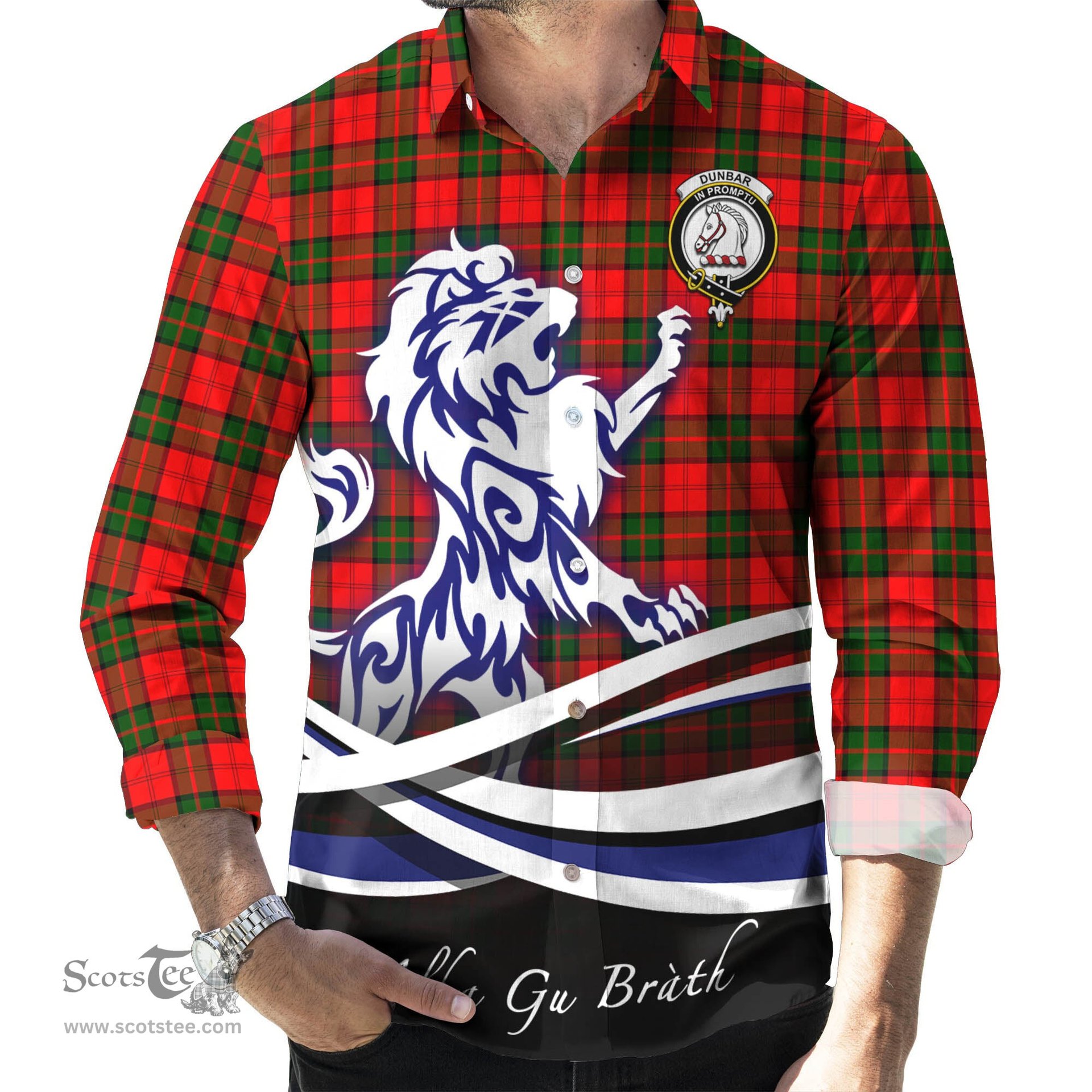 ScotsTee Shop Scottish Dunbar Modern Clan Crest Tartan Alba Gu Brath Regal Lion Emblem Long Sleeve Shirt