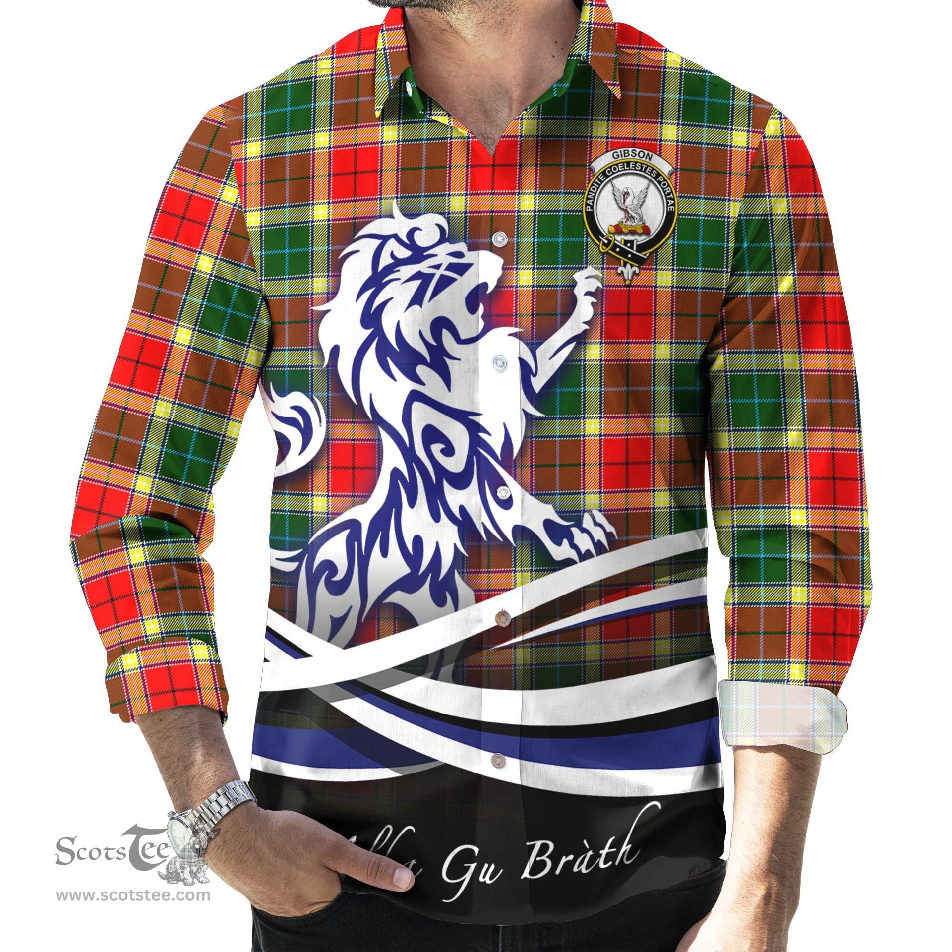 ScotsTee Shop Scottish Gibsone (Gibson-Gibbs) Clan Crest Tartan Alba Gu Brath Regal Lion Emblem Long Sleeve Shirt