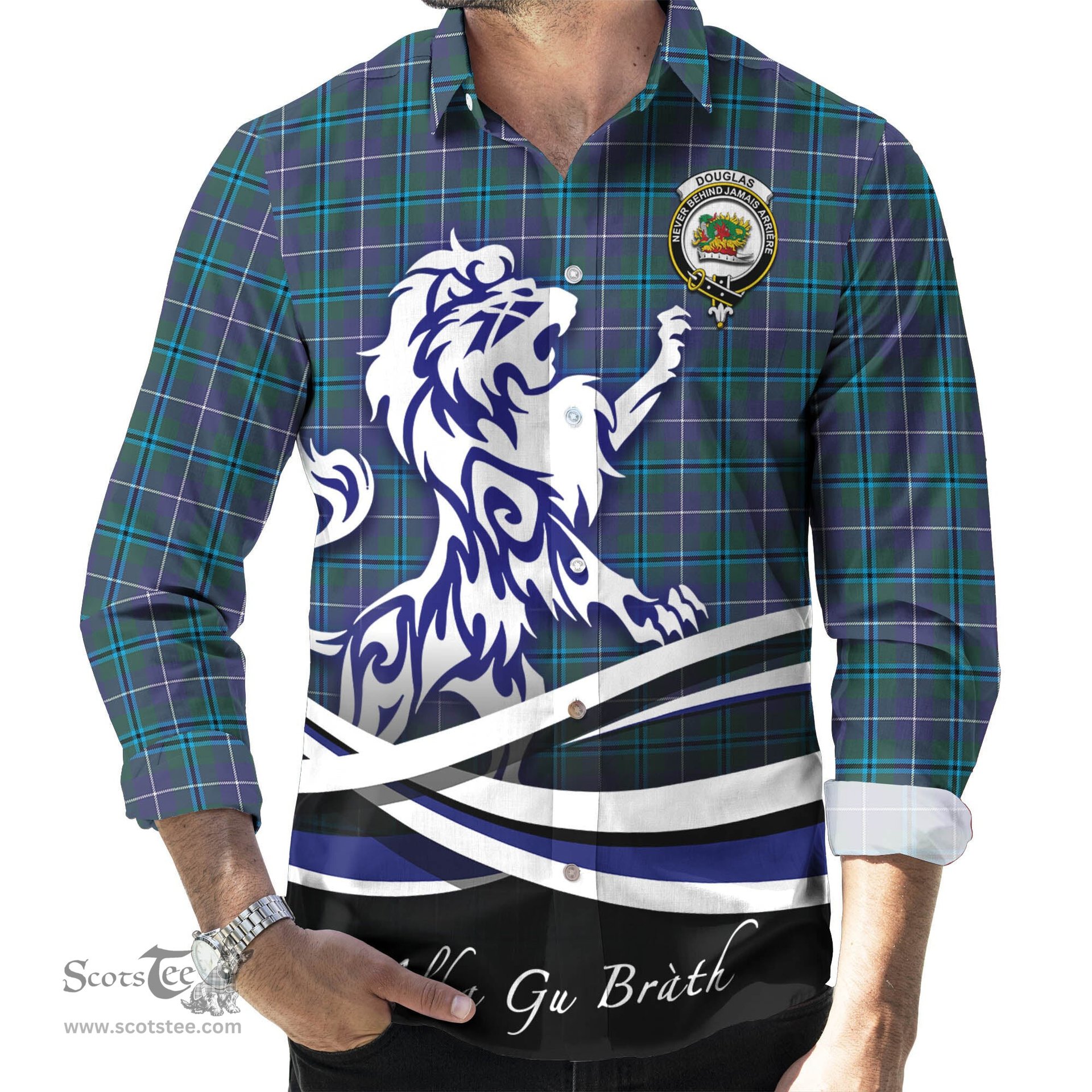 ScotsTee Shop Scottish Douglas Modern Clan Crest Tartan Alba Gu Brath Regal Lion Emblem Long Sleeve Shirt