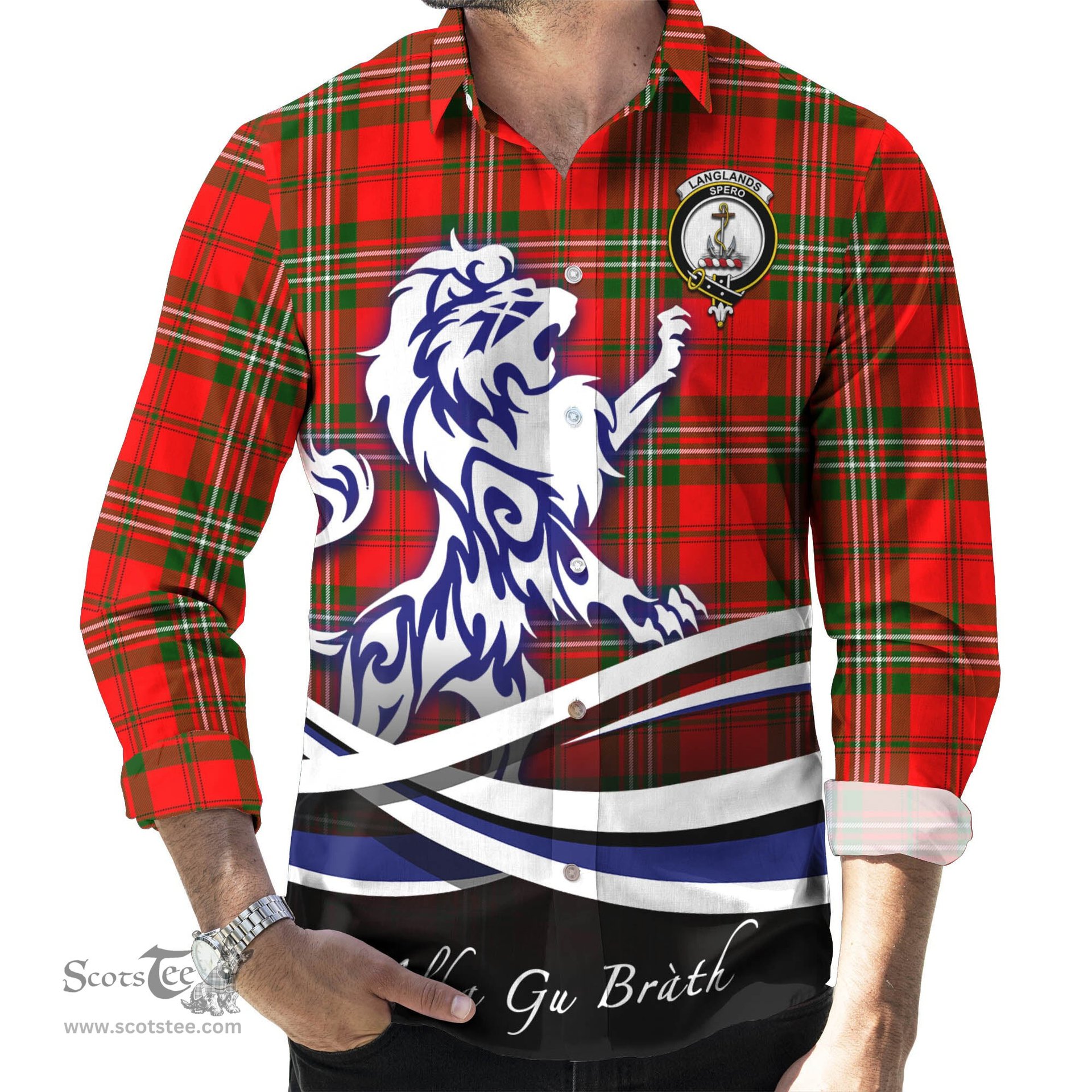 ScotsTee Shop Scottish Langlands Clan Crest Tartan Alba Gu Brath Regal Lion Emblem Long Sleeve Shirt