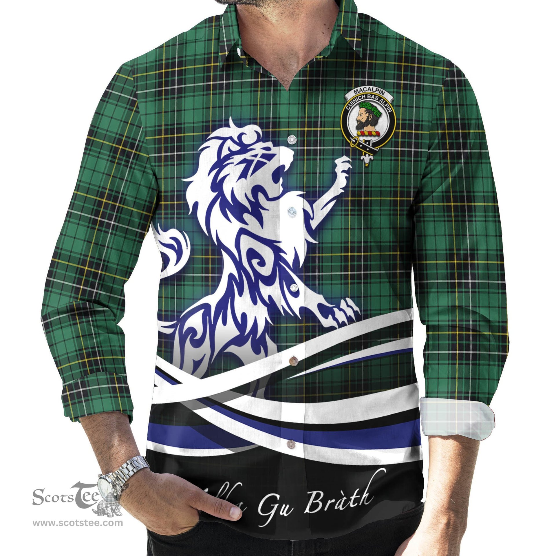 ScotsTee Shop Scottish MacAlpin Ancient Clan Crest Tartan Alba Gu Brath Regal Lion Emblem Long Sleeve Shirt