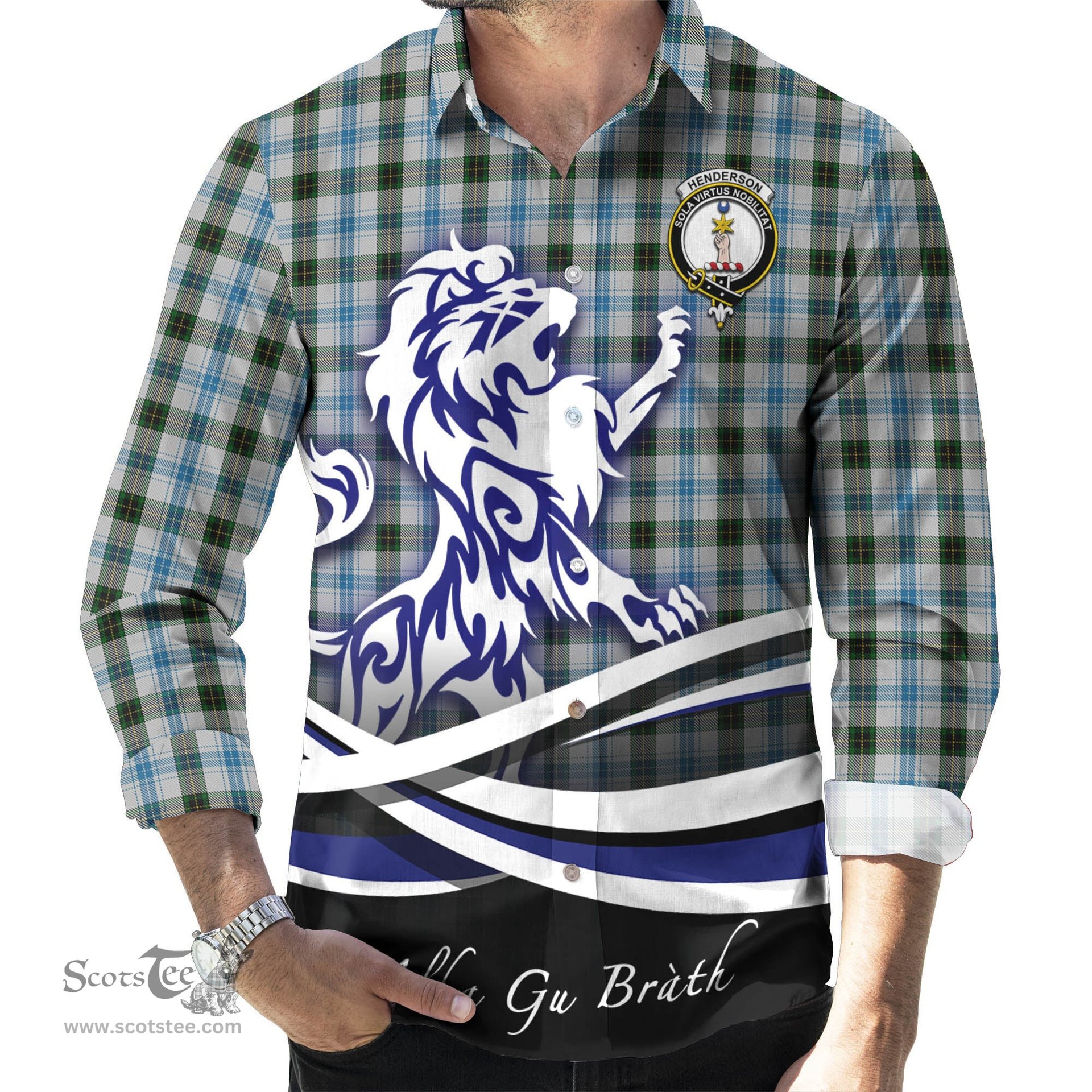 ScotsTee Shop Scottish Henderson Dress Clan Crest Tartan Alba Gu Brath Regal Lion Emblem Long Sleeve Shirt
