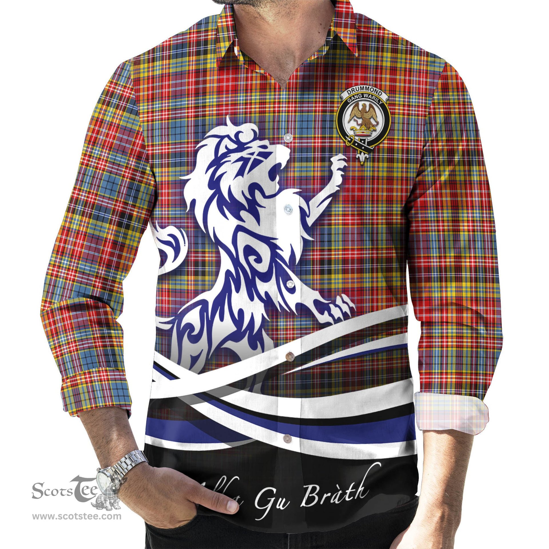 ScotsTee Shop Scottish Drummond of Strathallan Modern Clan Crest Tartan Alba Gu Brath Regal Lion Emblem Long Sleeve Shirt