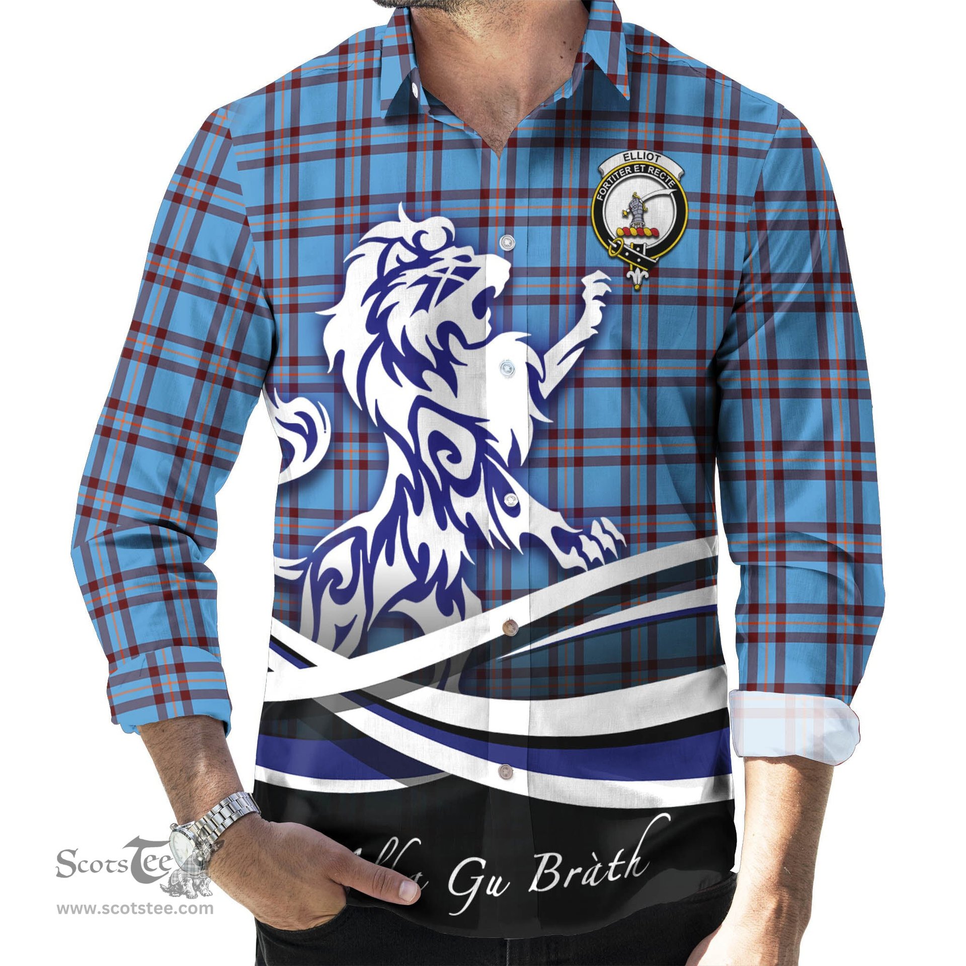 ScotsTee Shop Scottish Elliot Ancient Clan Crest Tartan Alba Gu Brath Regal Lion Emblem Long Sleeve Shirt