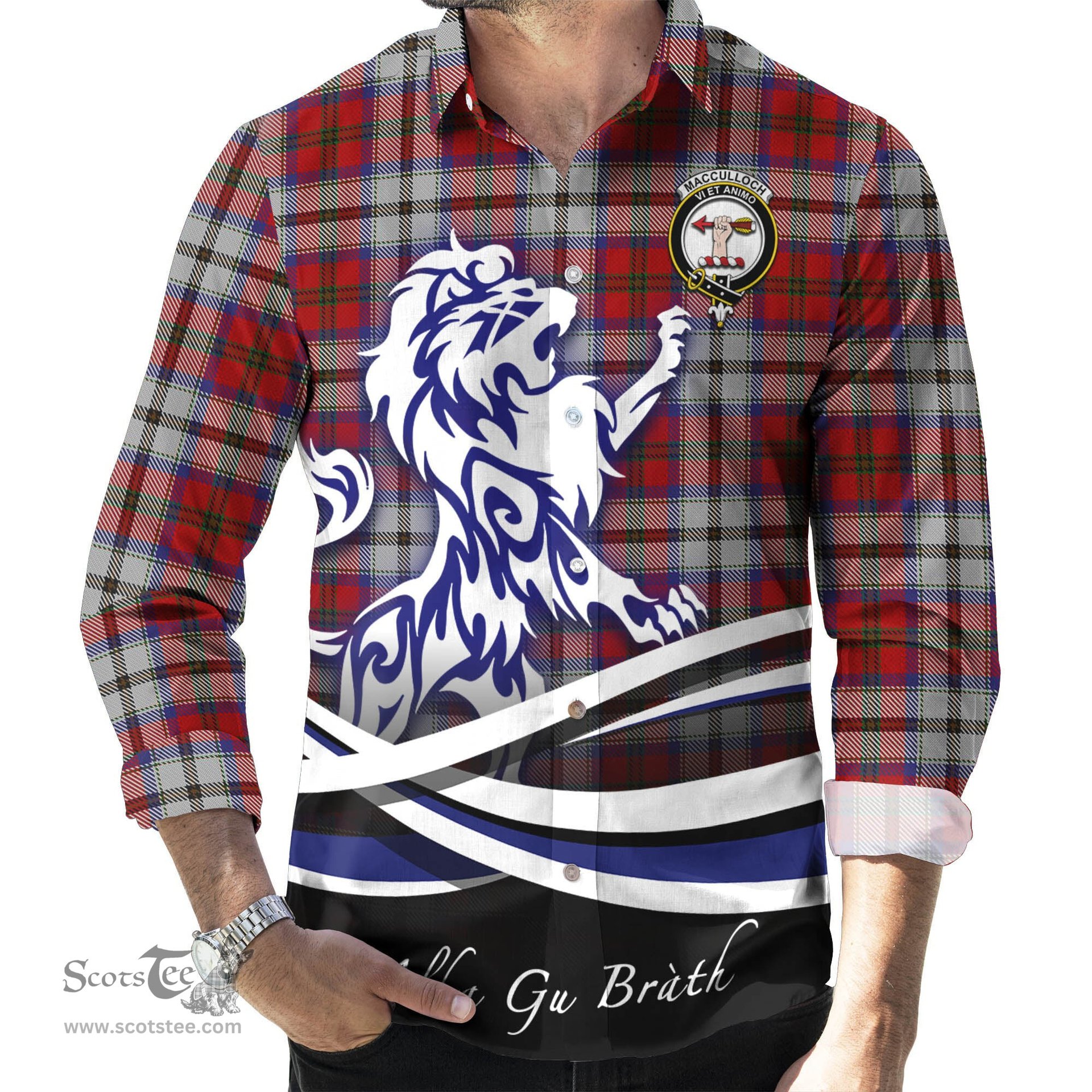 ScotsTee Shop Scottish MacCulloch Dress Clan Crest Tartan Alba Gu Brath Regal Lion Emblem Long Sleeve Shirt