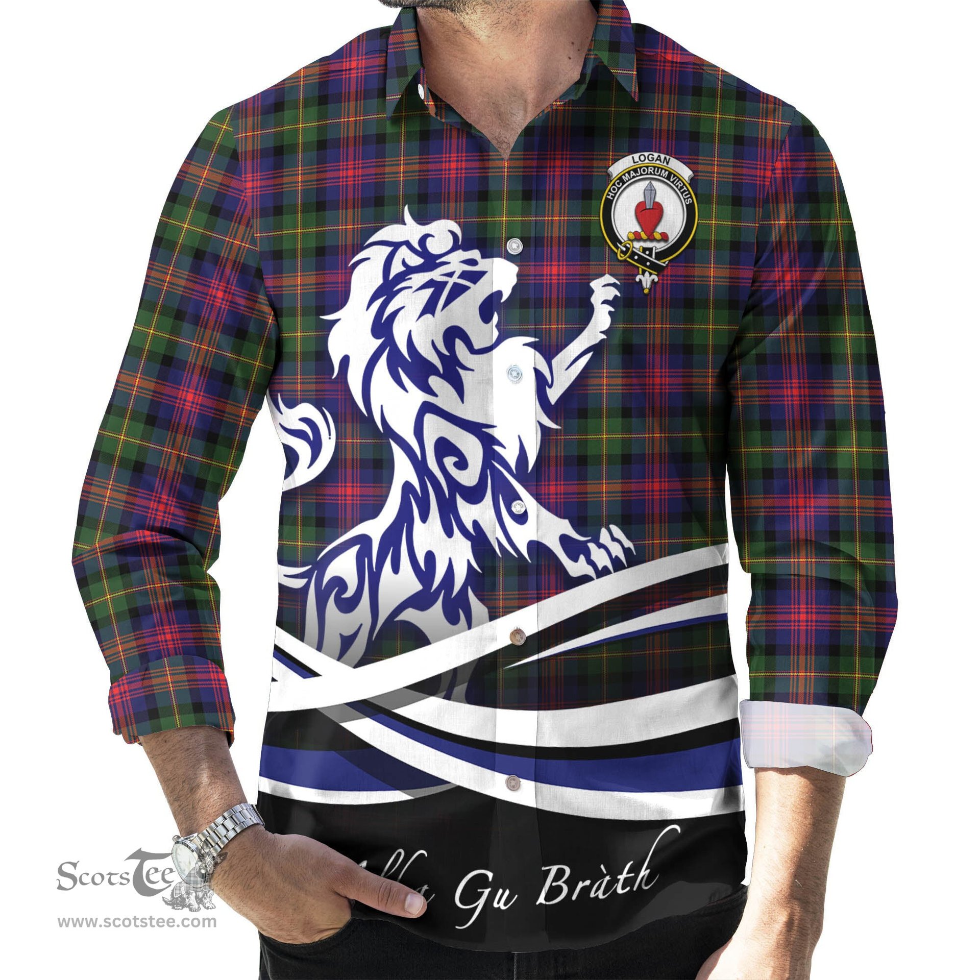 ScotsTee Shop Scottish Logan Modern Clan Crest Tartan Alba Gu Brath Regal Lion Emblem Long Sleeve Shirt