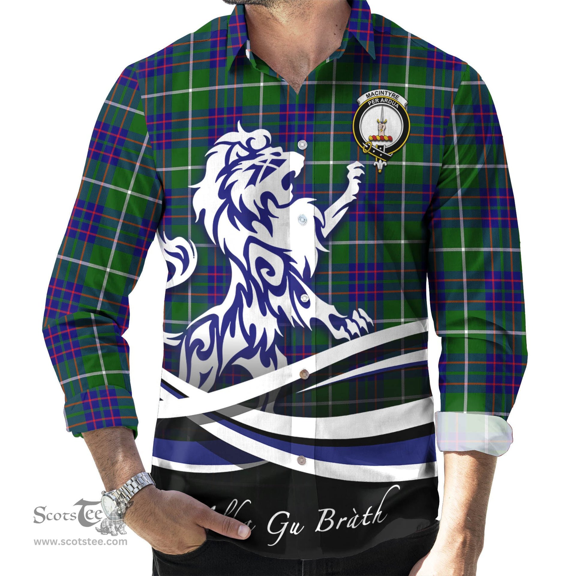 ScotsTee Shop Scottish MacIntyre Hunting Modern Clan Crest Tartan Alba Gu Brath Regal Lion Emblem Long Sleeve Shirt