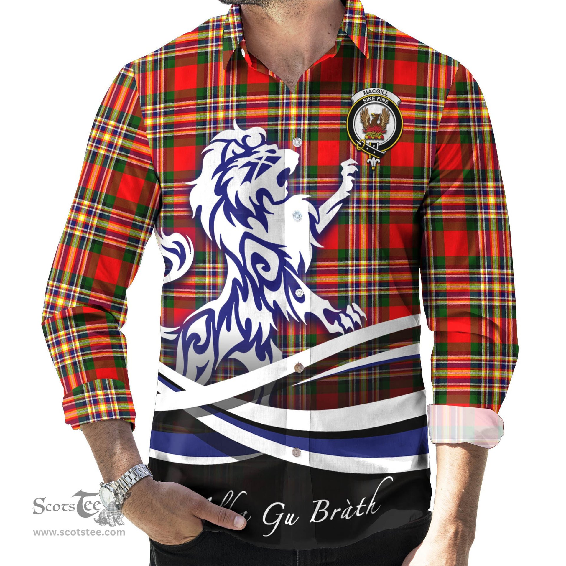 ScotsTee Shop Scottish MacGill Modern Clan Crest Tartan Alba Gu Brath Regal Lion Emblem Long Sleeve Shirt