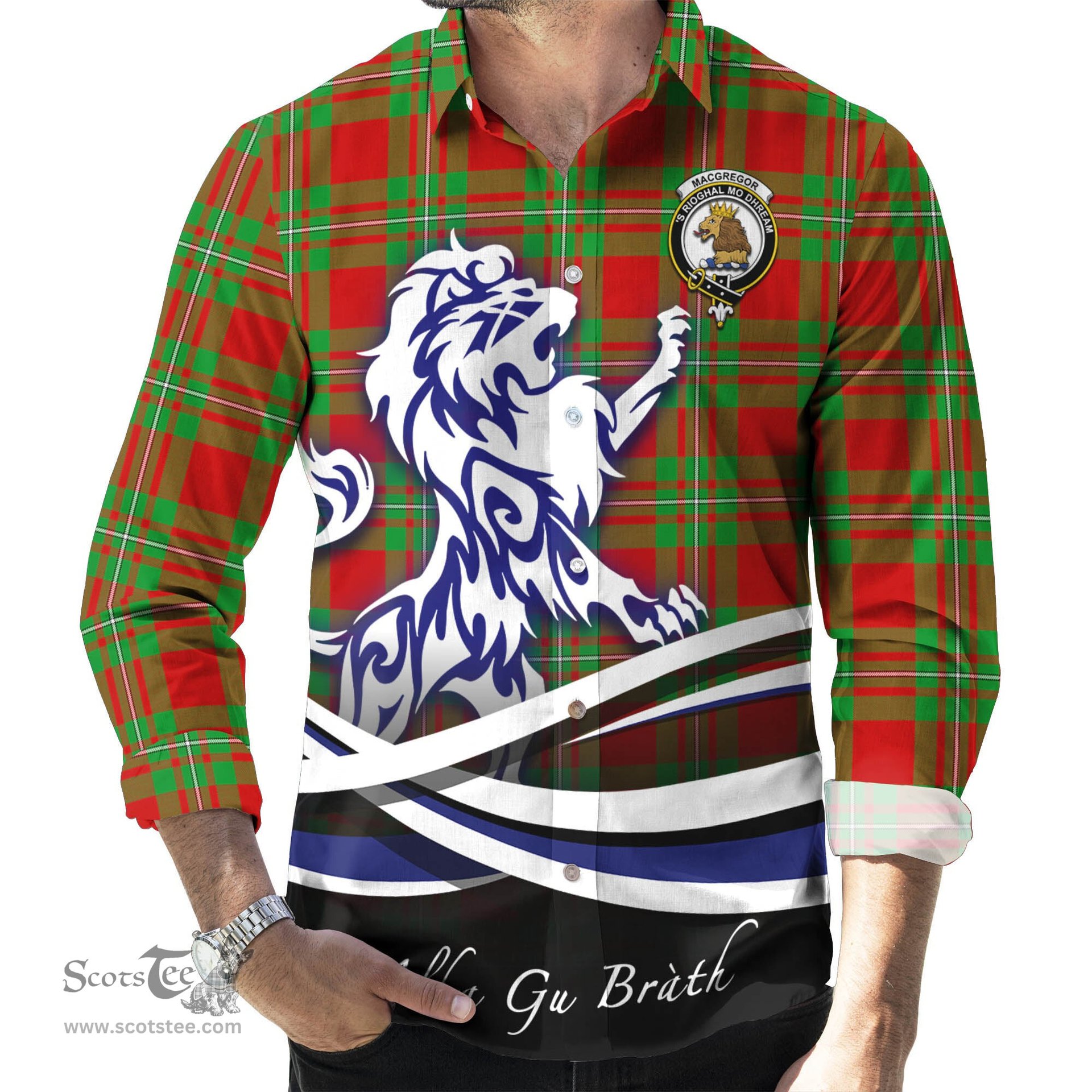 ScotsTee Shop Scottish MacGregor Modern Clan Crest Tartan Alba Gu Brath Regal Lion Emblem Long Sleeve Shirt
