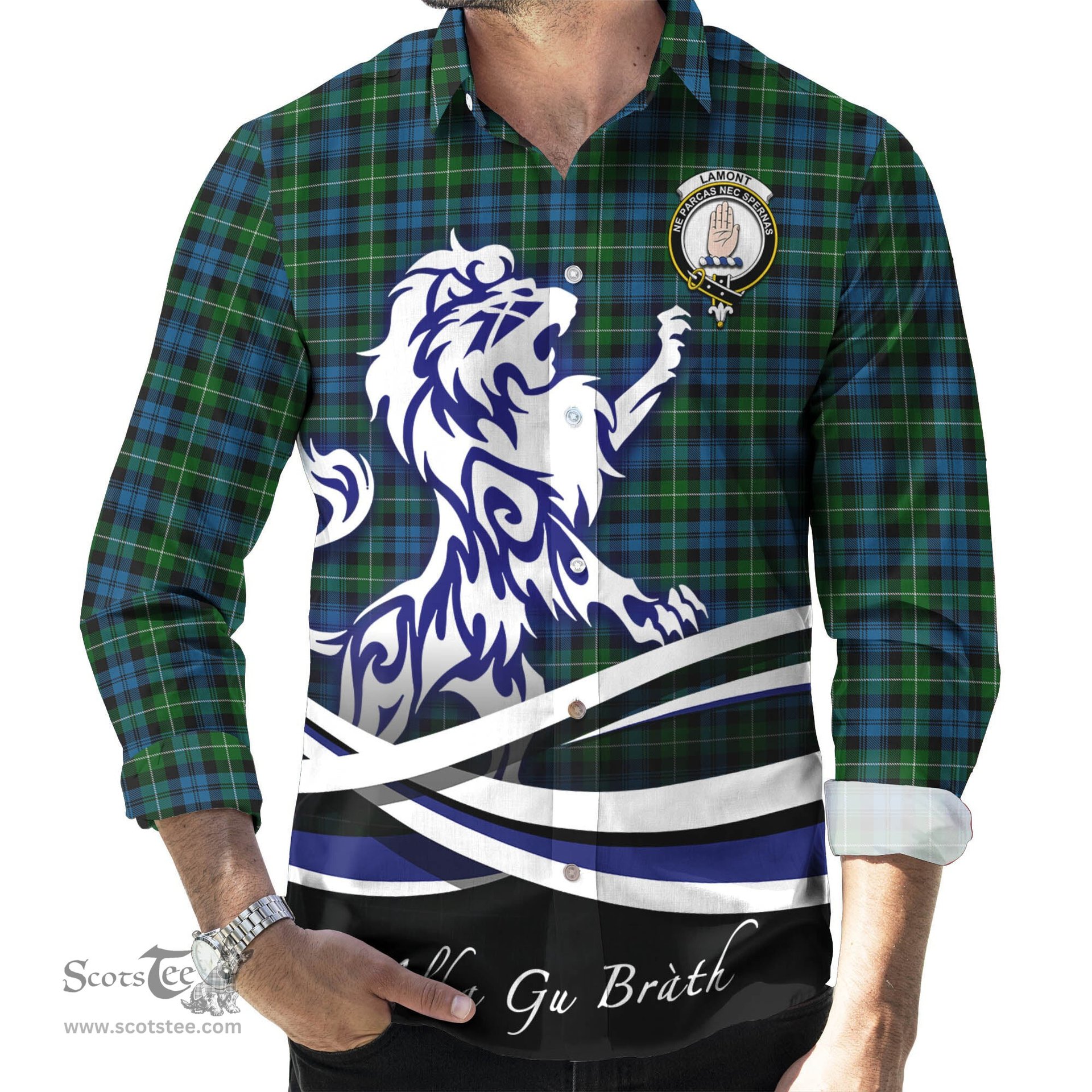 ScotsTee Shop Scottish Lamont Clan Crest Tartan Alba Gu Brath Regal Lion Emblem Long Sleeve Shirt