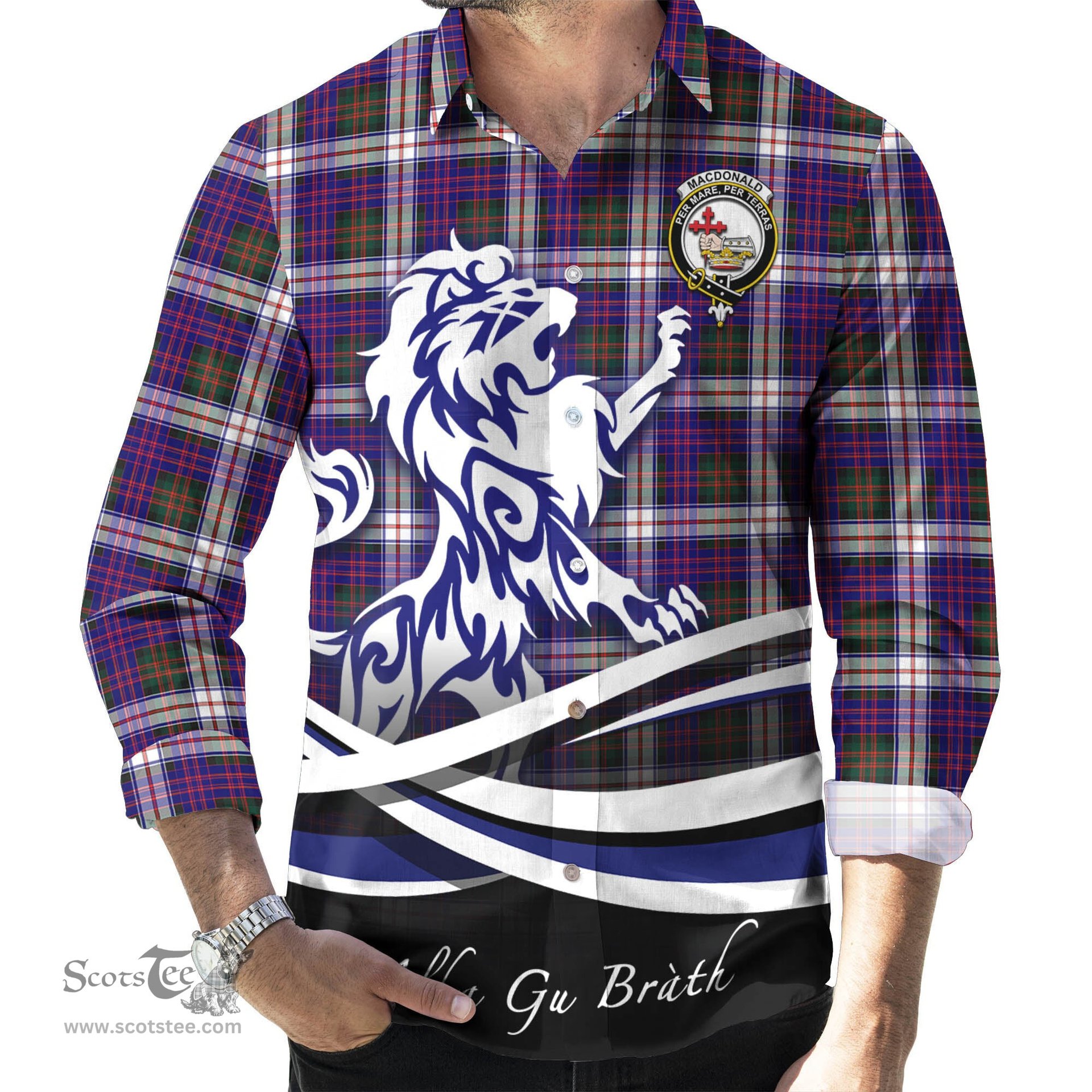 ScotsTee Shop Scottish MacDonald Dress Modern Clan Crest Tartan Alba Gu Brath Regal Lion Emblem Long Sleeve Shirt