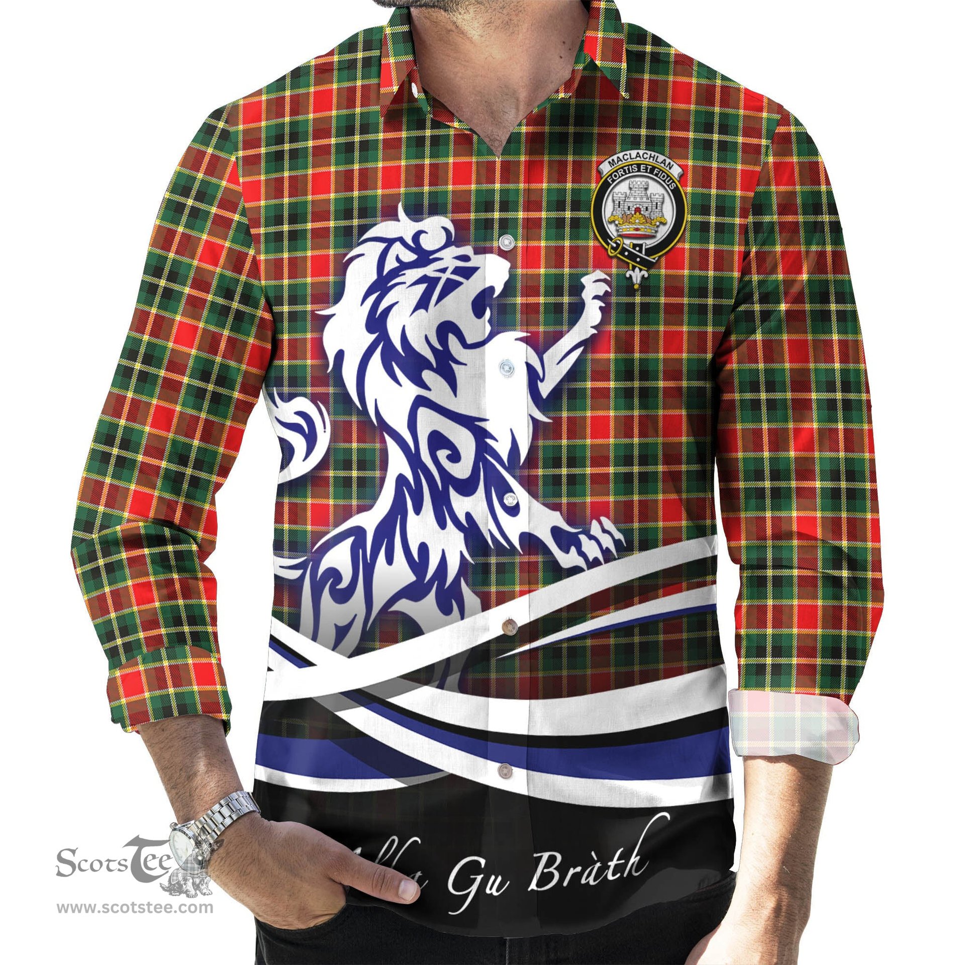 ScotsTee Shop Scottish MacLachlan Hunting Modern Clan Crest Tartan Alba Gu Brath Regal Lion Emblem Long Sleeve Shirt