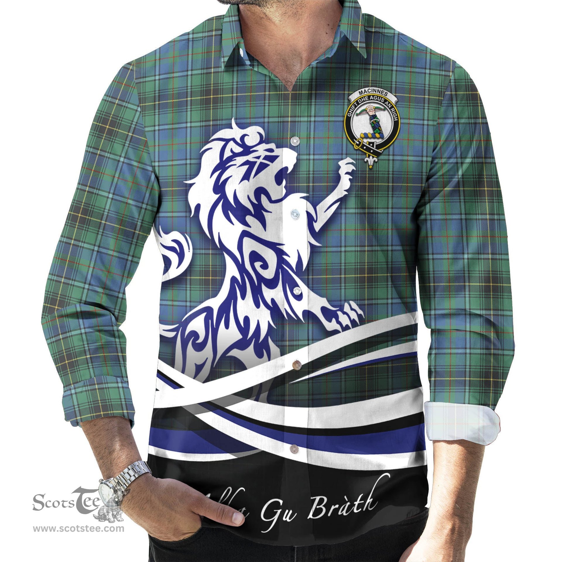 ScotsTee Shop Scottish MacInnes Ancient Clan Crest Tartan Alba Gu Brath Regal Lion Emblem Long Sleeve Shirt