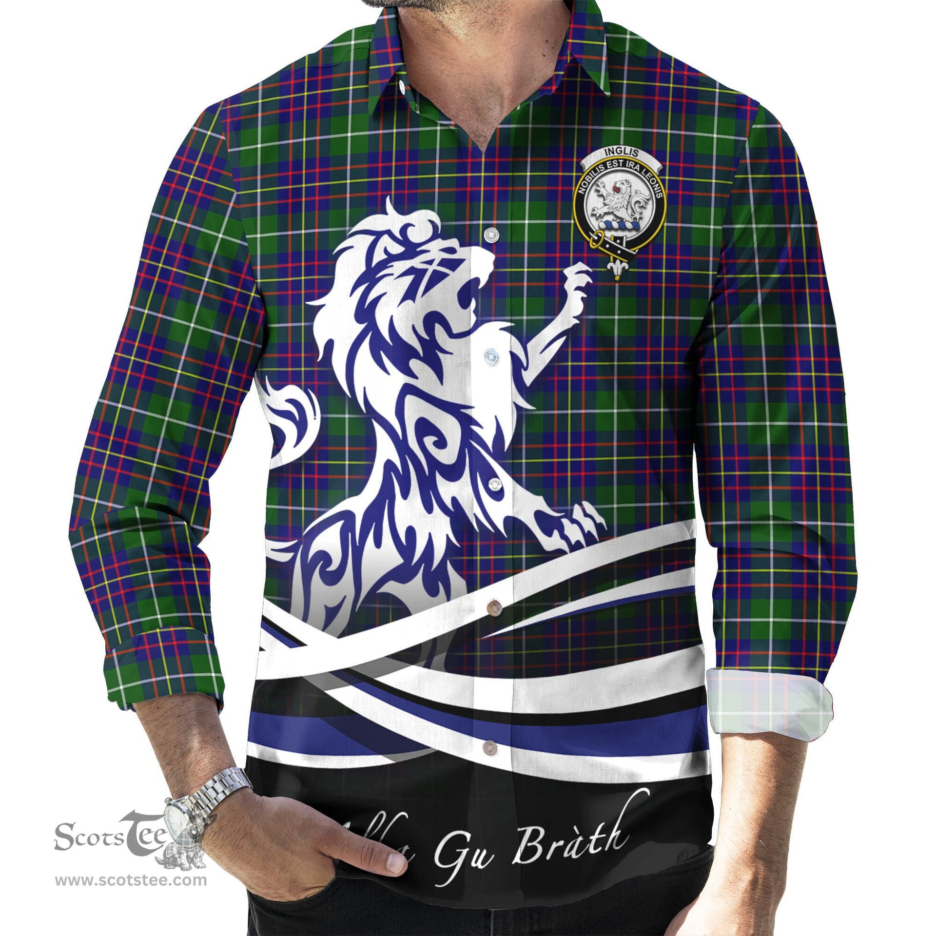 ScotsTee Shop Scottish Inglis Modern Clan Crest Tartan Alba Gu Brath Regal Lion Emblem Long Sleeve Shirt