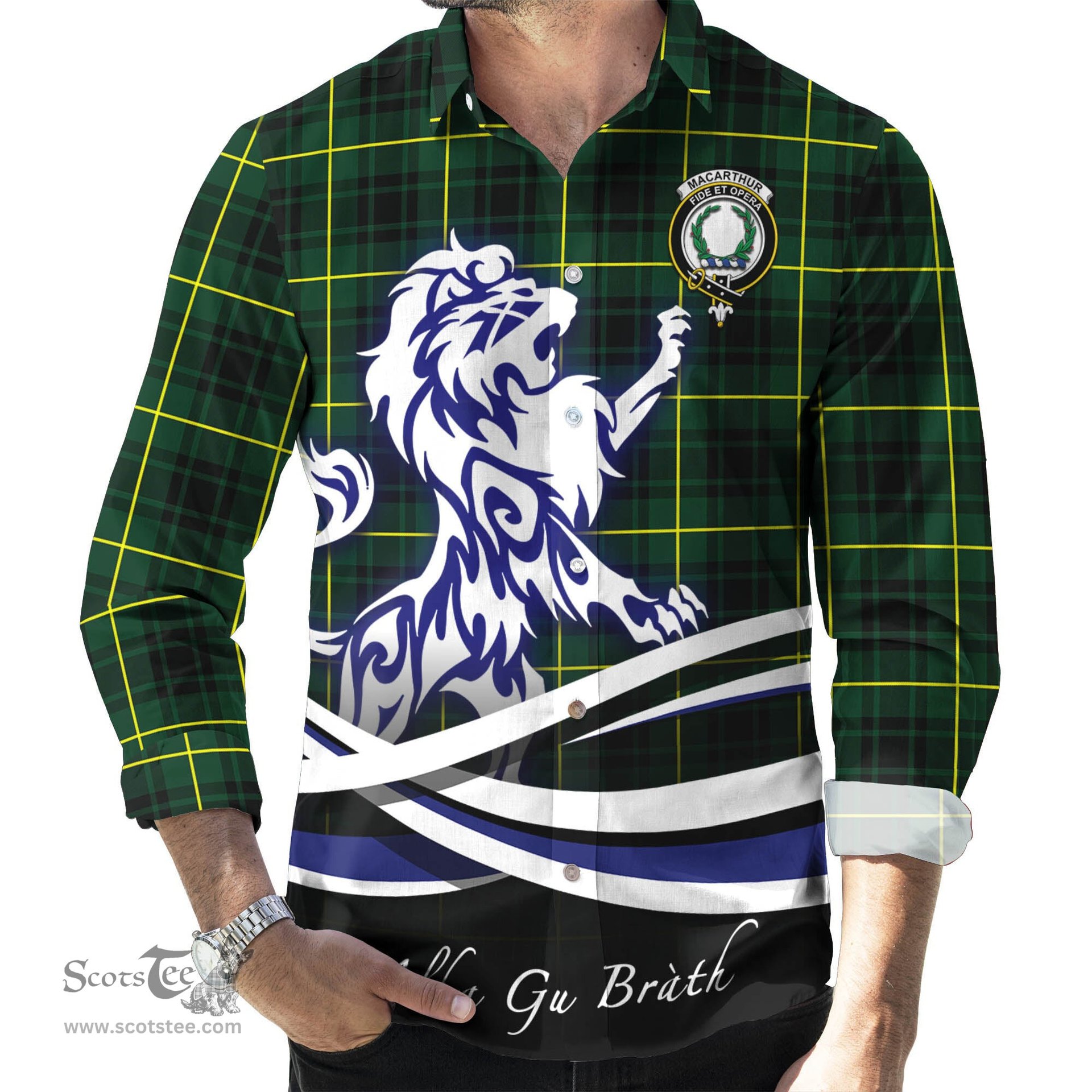 ScotsTee Shop Scottish MacArthur Modern Clan Crest Tartan Alba Gu Brath Regal Lion Emblem Long Sleeve Shirt