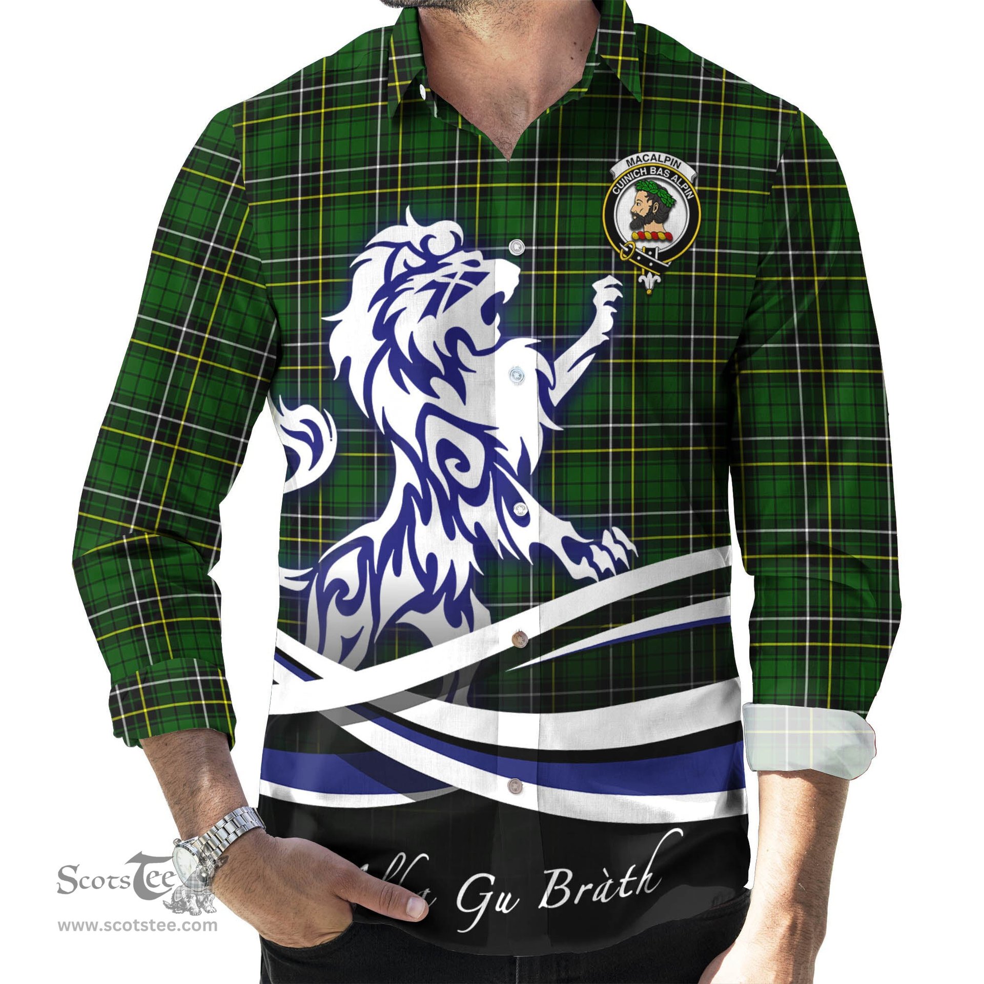 ScotsTee Shop Scottish MacAlpin Modern Clan Crest Tartan Alba Gu Brath Regal Lion Emblem Long Sleeve Shirt