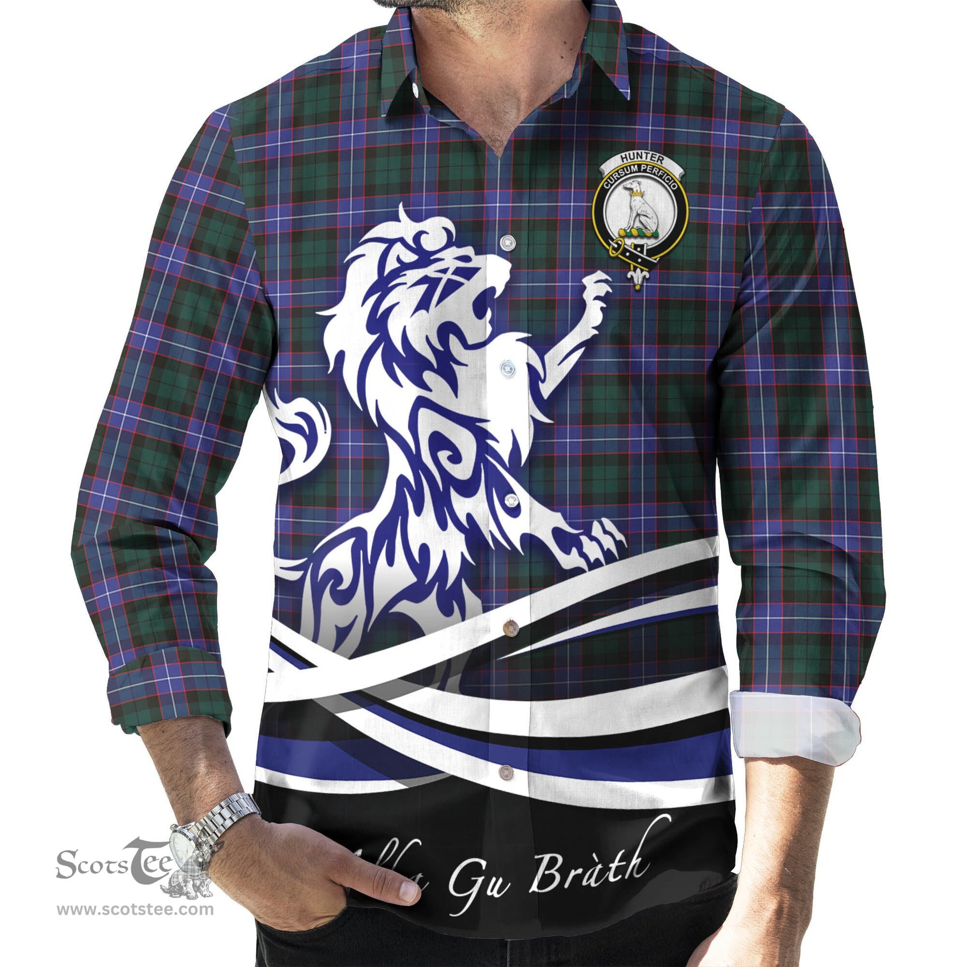 ScotsTee Shop Scottish Hunter Modern Clan Crest Tartan Alba Gu Brath Regal Lion Emblem Long Sleeve Shirt