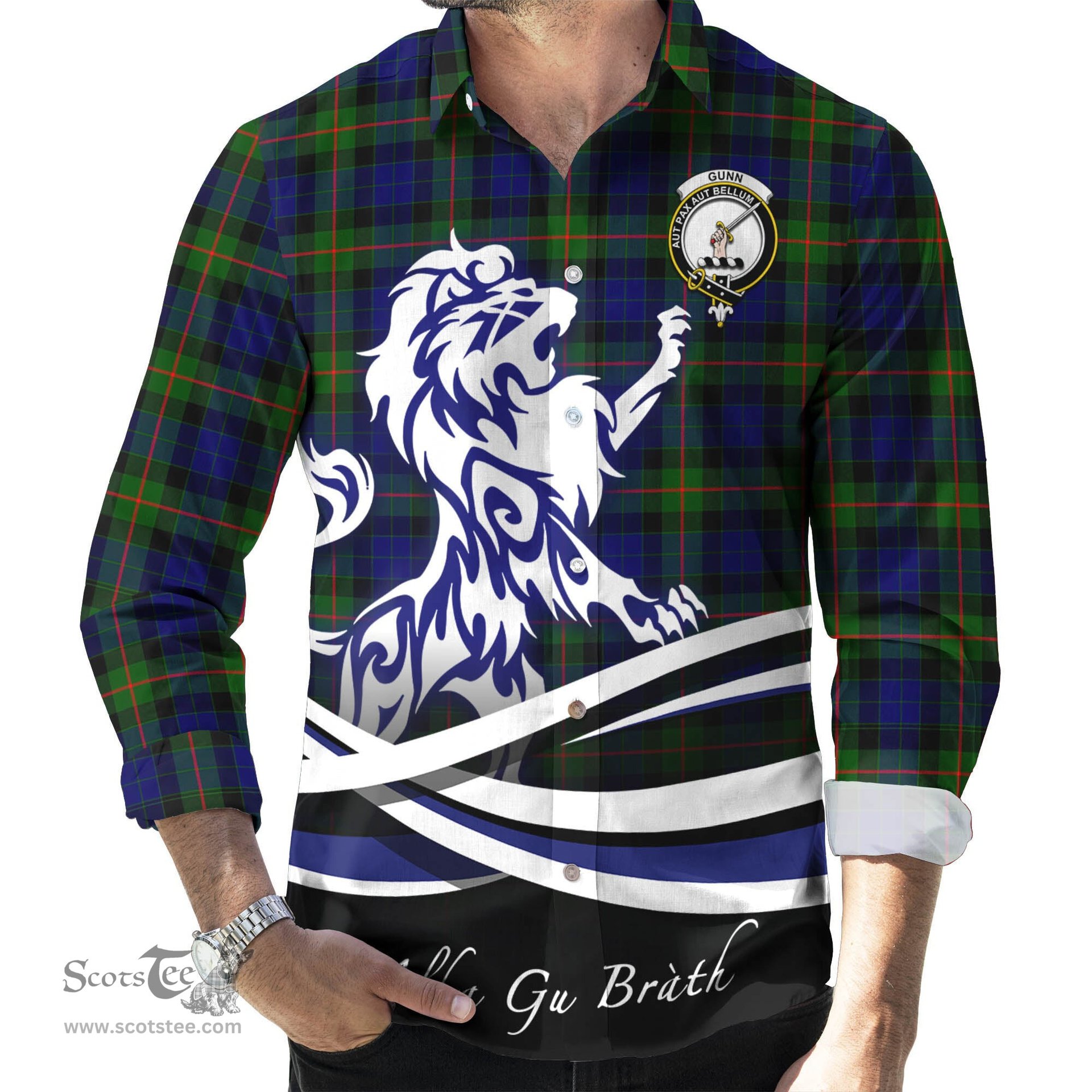ScotsTee Shop Scottish Gunn Modern Clan Crest Tartan Alba Gu Brath Regal Lion Emblem Long Sleeve Shirt